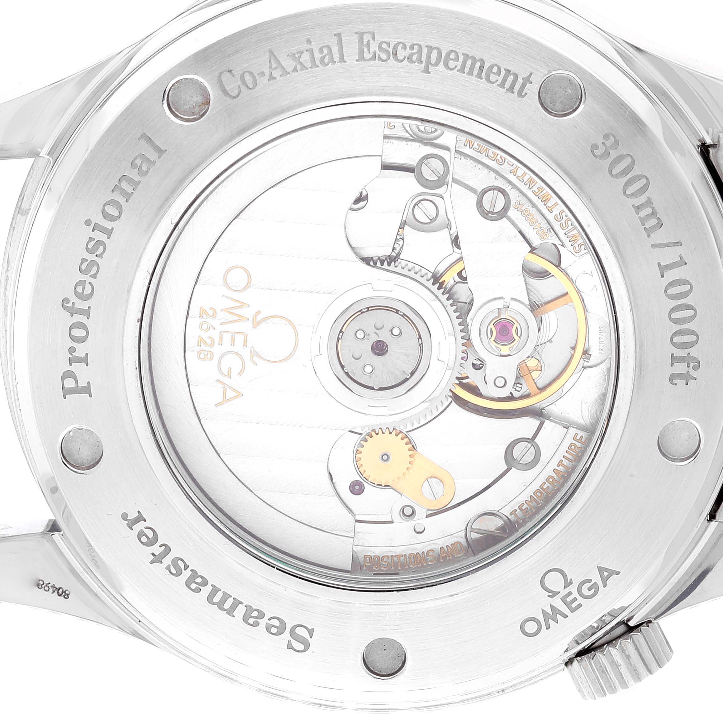 The image shows the back view of the Omega Seamaster 2535.80.00 Men's Stainless Steel Blue Dial 2535.80.00 Men's Stainless Steel Blue Dial watch, highlighting its co-axial escapement and internal mechanisms.