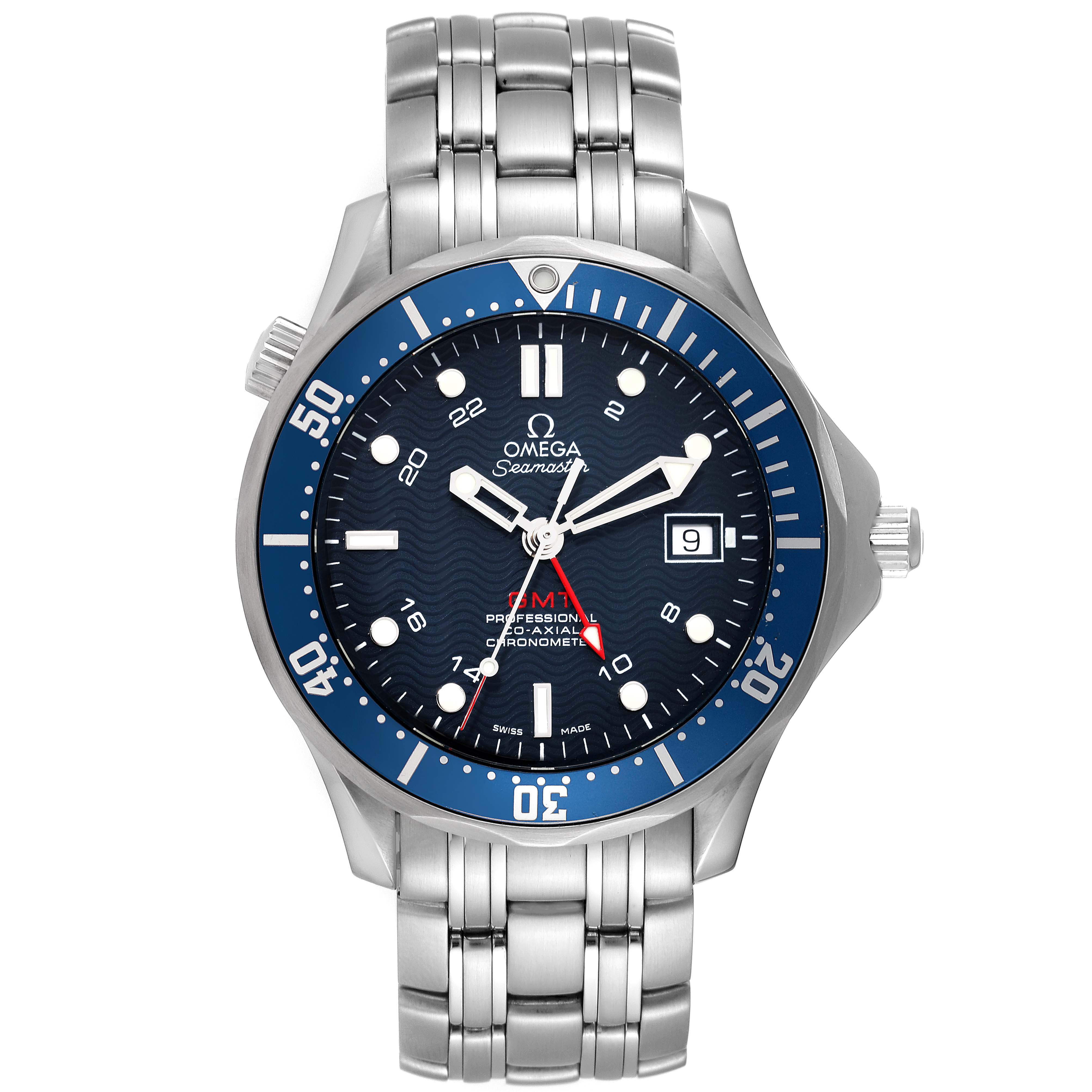 The image shows a front view of the Omega Seamaster 2535.80.00 Men's Stainless Steel Blue Dial 2535.80.00 Men's Stainless Steel Blue Dial watch, highlighting its dial, bezel, crown, and stainless steel bracelet.