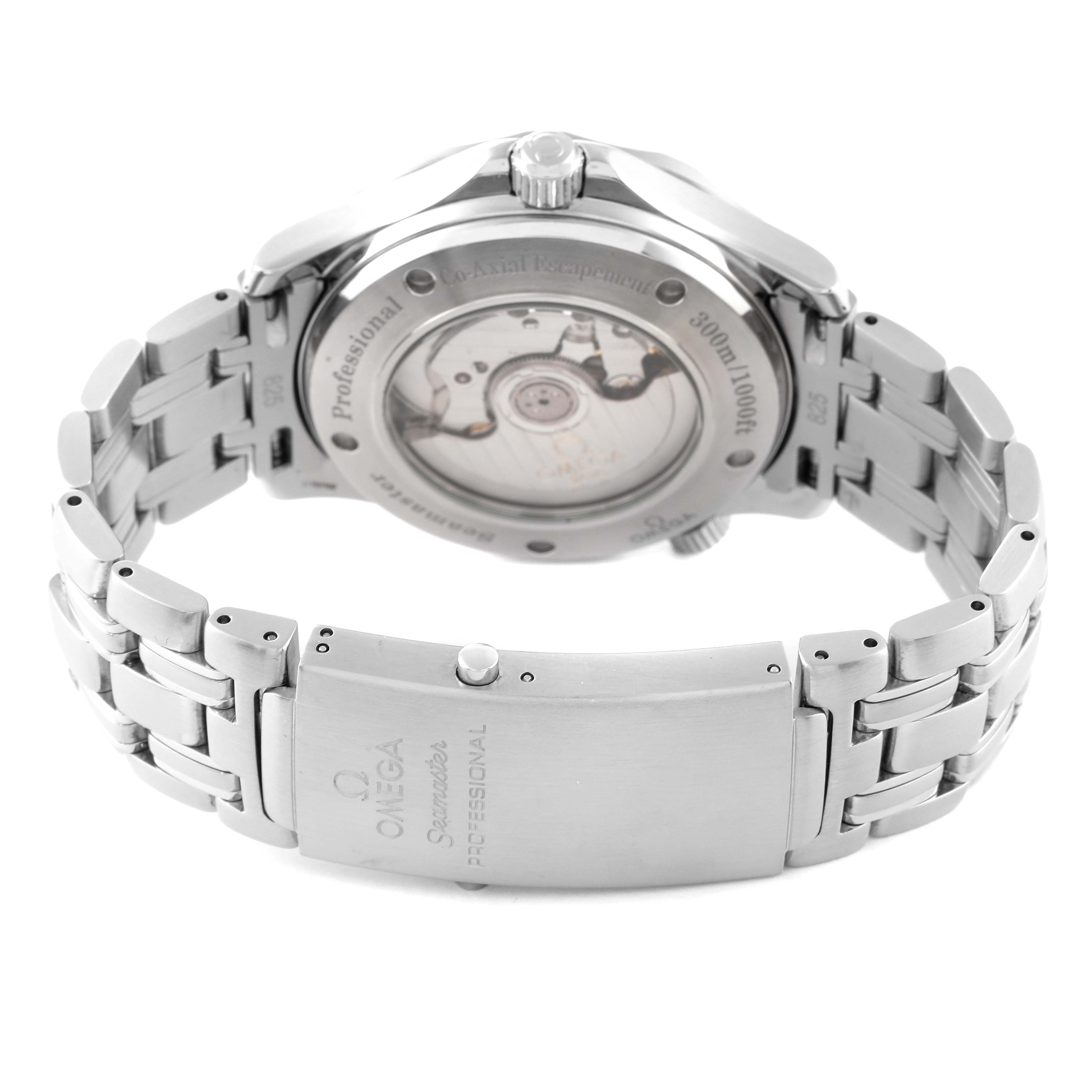 This image shows the back and bracelet clasp of the Omega Seamaster 2535.80.00 Men's Stainless Steel Blue Dial 2535.80.00 Men's Stainless Steel Blue Dial watch, displaying the watch's movement and branding.