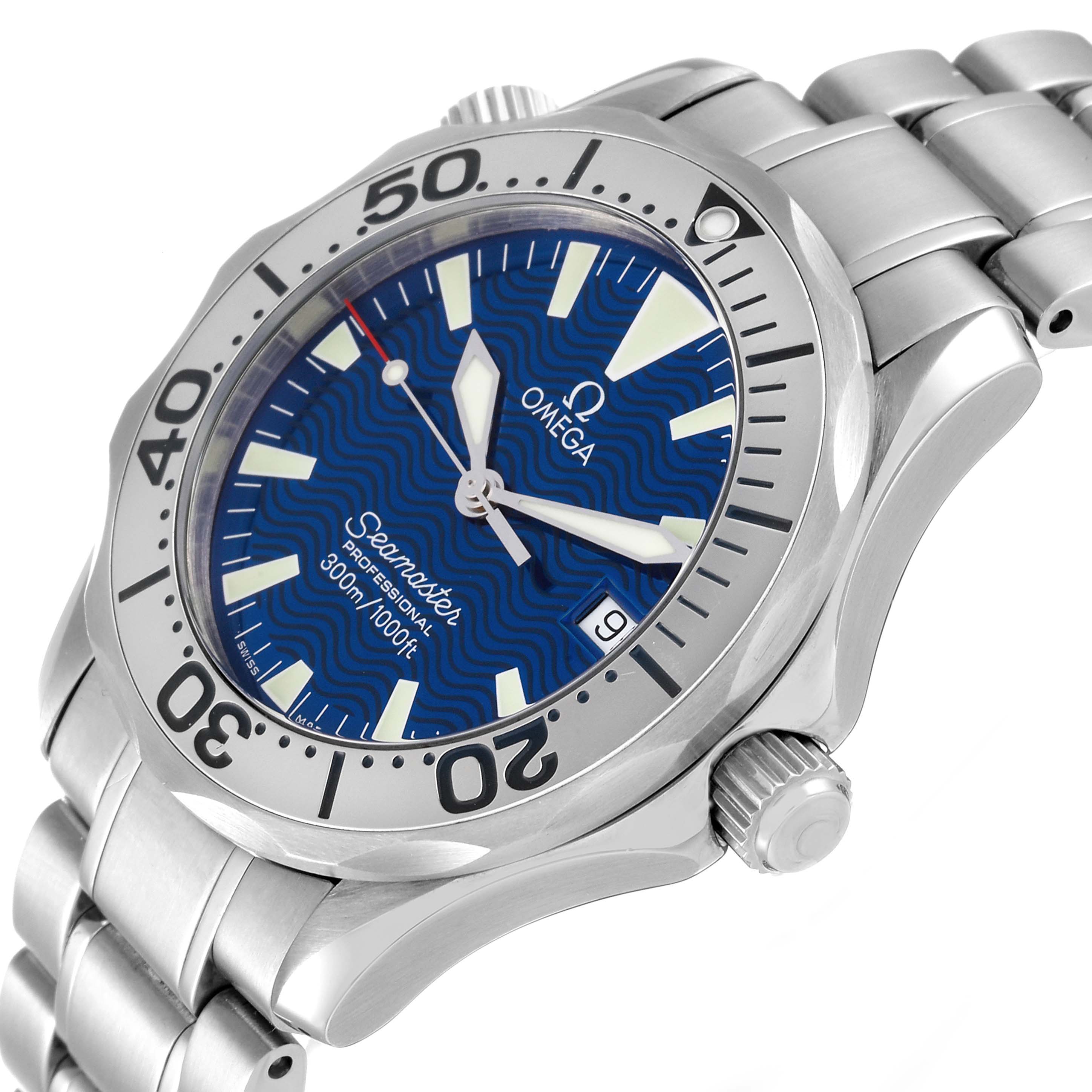 The image shows a tilted view of the Omega Seamaster 2263.80.00 Men's Stainless Steel Blue Dial 2263.80.00 Men's Stainless Steel Blue Dial watch, highlighting its blue face, bezel, and partial stainless steel bracelet.