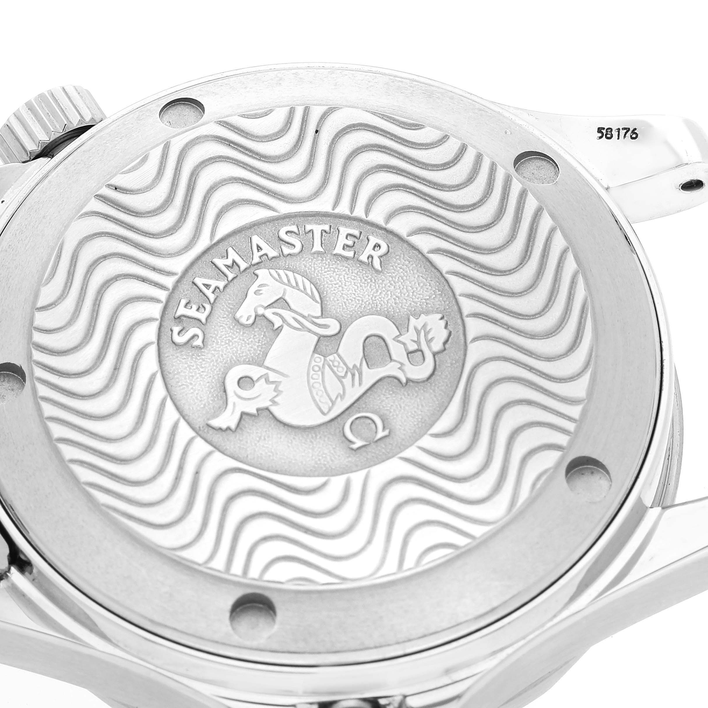 This image shows the case back of an Omega Seamaster 2263.80.00 Men's Stainless Steel Blue Dial 2263.80.00 Men's Stainless Steel Blue Dial watch with its intricate design and logo.