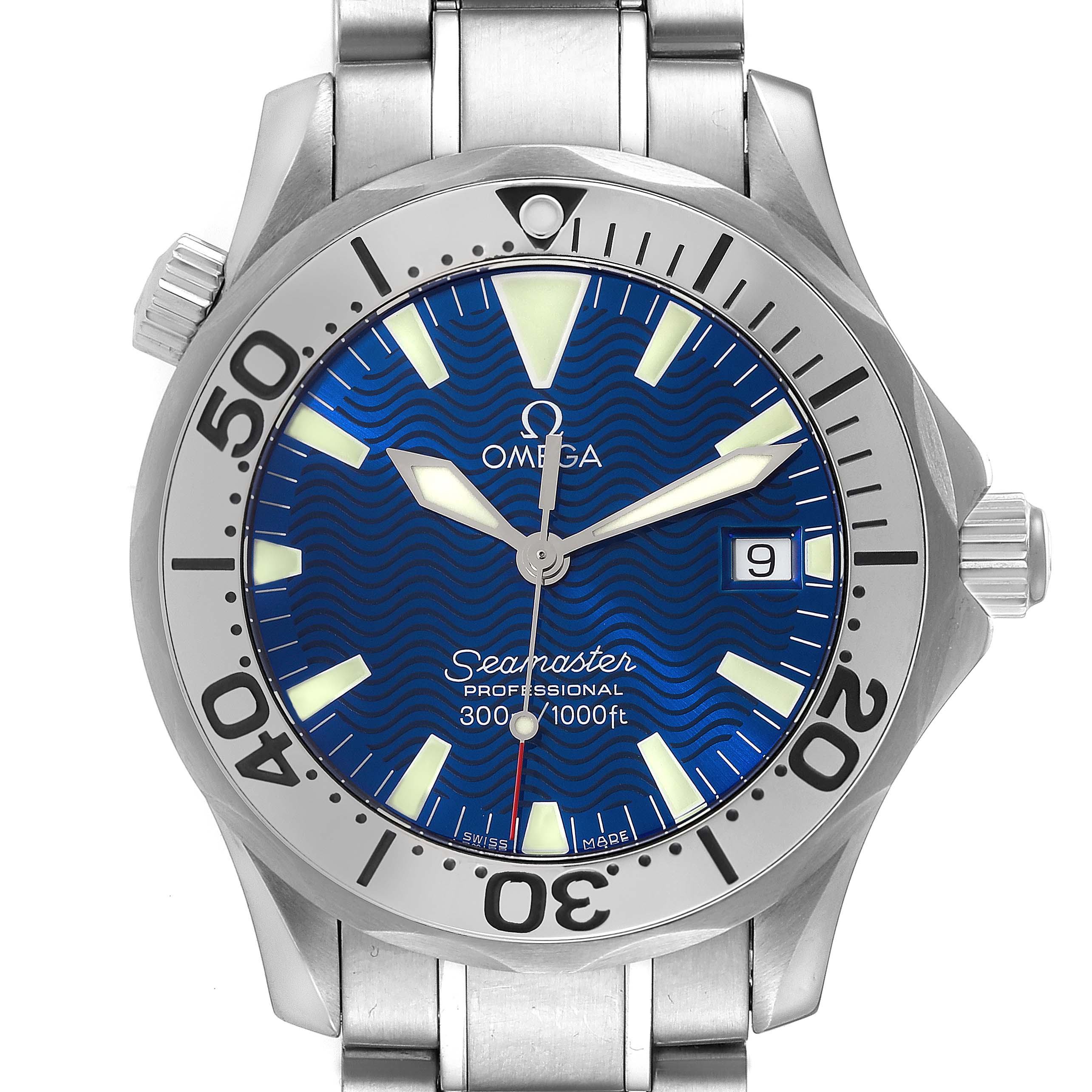 The Omega Seamaster 2263.80.00 Men's Stainless Steel Blue Dial 2263.80.00 Men's Stainless Steel Blue Dial watch is shown from the front, displaying its dial, bezel, hands, date window, and bracelet.
