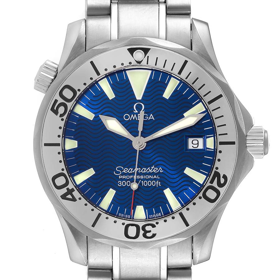 Omega Seamaster Electric Blue Wave Dial Midsize Mens Watch 2263.80.00 SwissWatchExpo