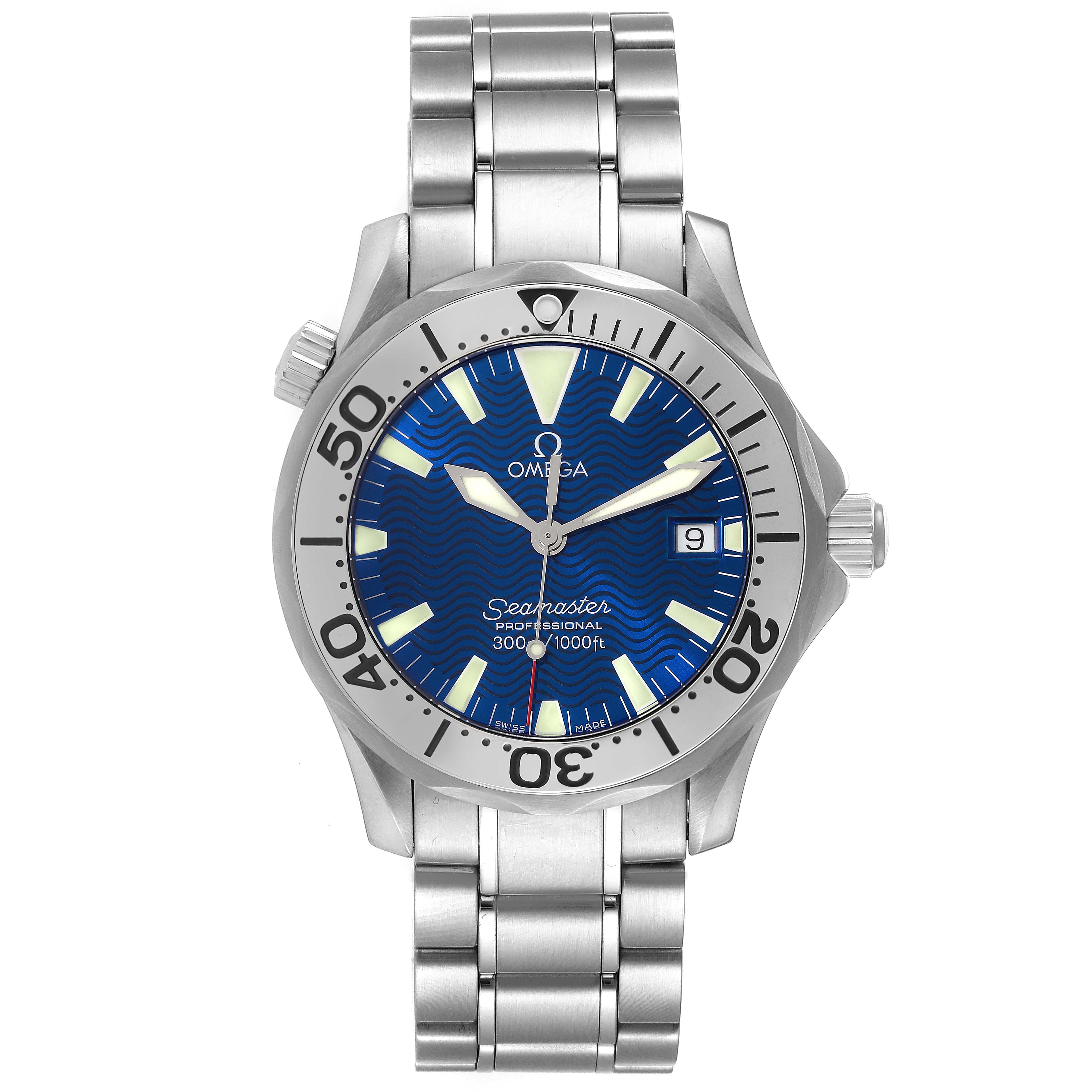 The Omega Seamaster 2263.80.00 Men's Stainless Steel Blue Dial 2263.80.00 Men's Stainless Steel Blue Dial watch is shown from a straight-on angle, displaying the dial, bezel, crown, crystal, and bracelet.