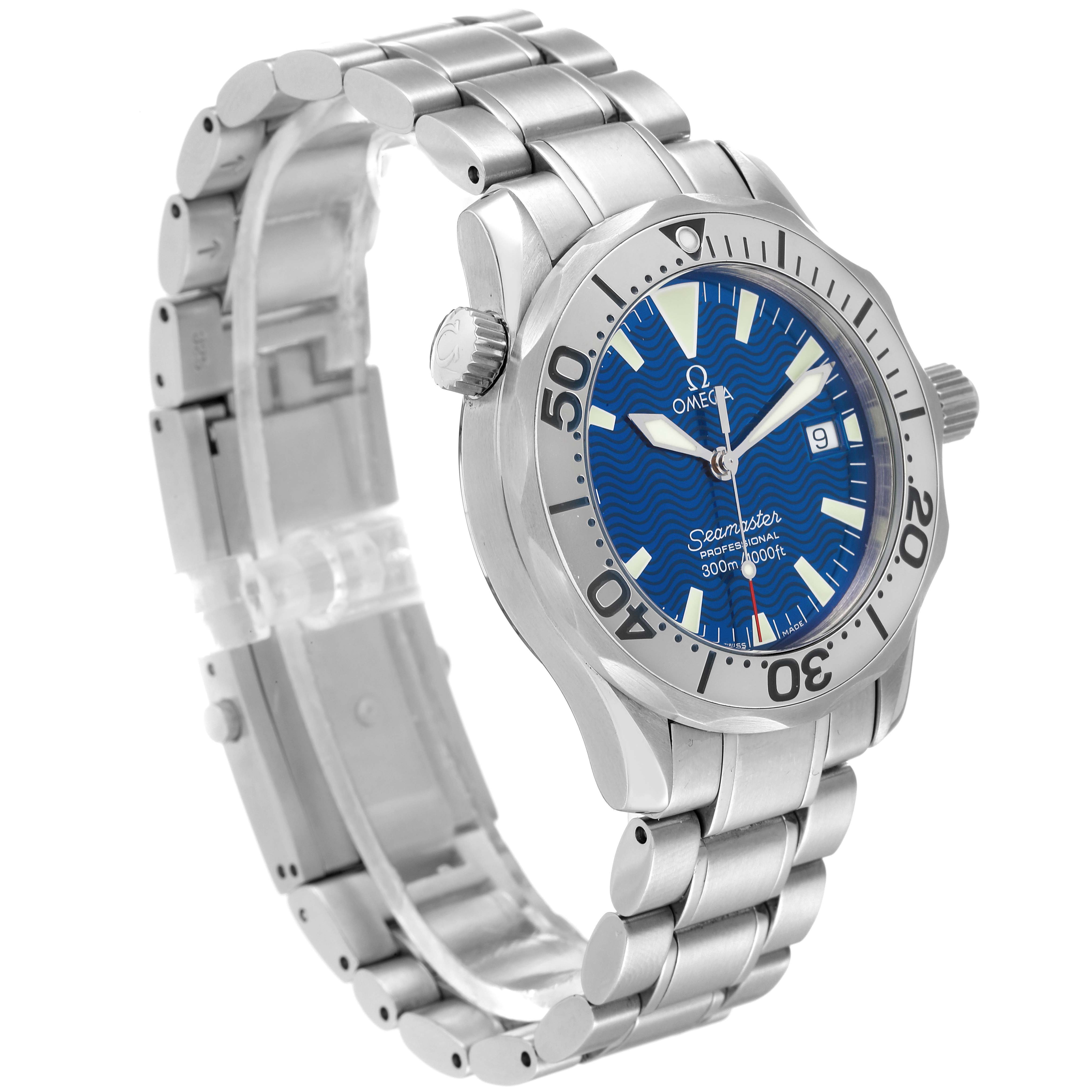 This image shows the Omega Seamaster 2263.80.00 Men's Stainless Steel Blue Dial 2263.80.00 Men's Stainless Steel Blue Dial watch at a three-quarter angle highlighting the face, bezel, crown, and bracelet.