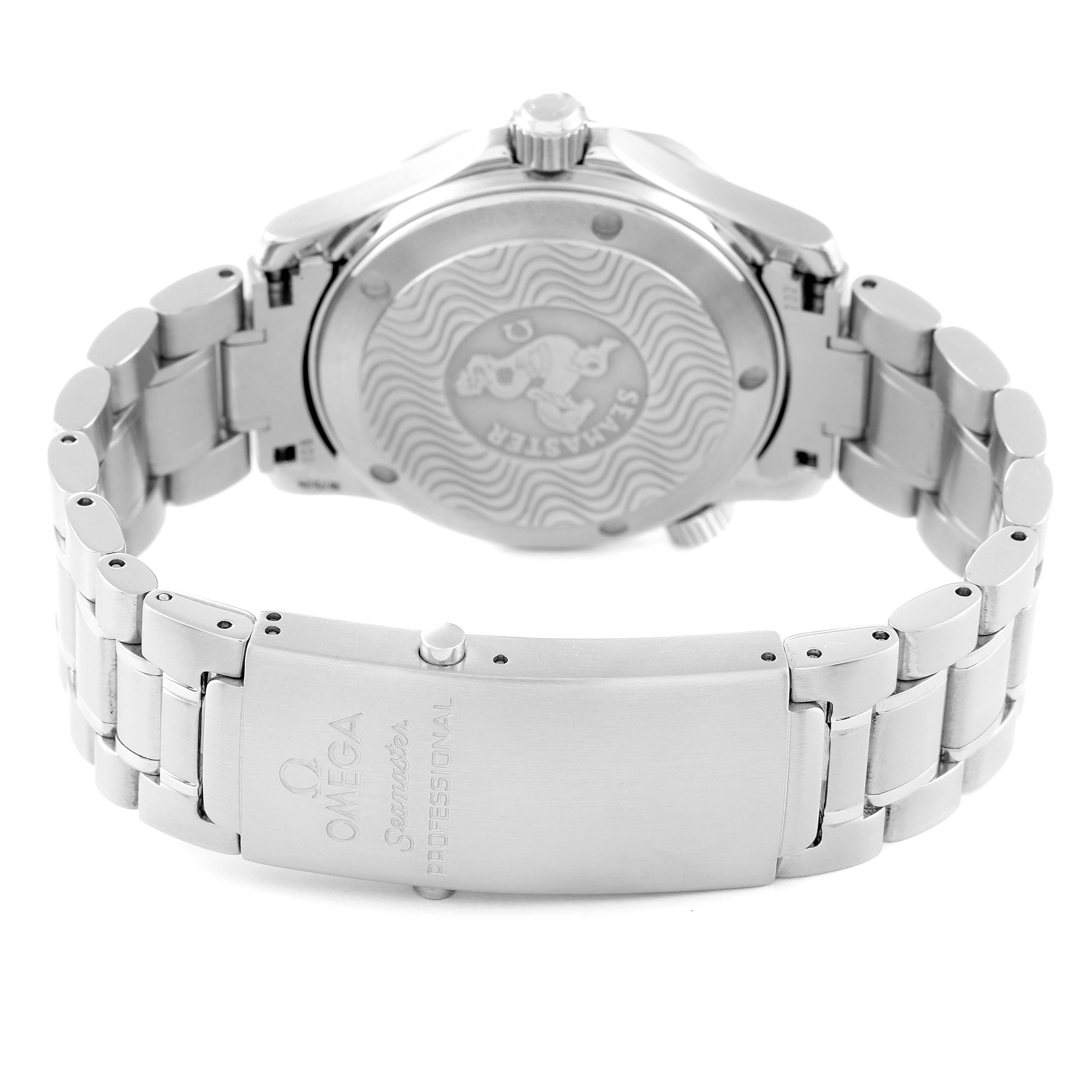 The image shows the back case, bracelet, and clasp of an Omega Seamaster 2263.80.00 Men's Stainless Steel Blue Dial 2263.80.00 Men's Stainless Steel Blue Dial watch from a rear angle.