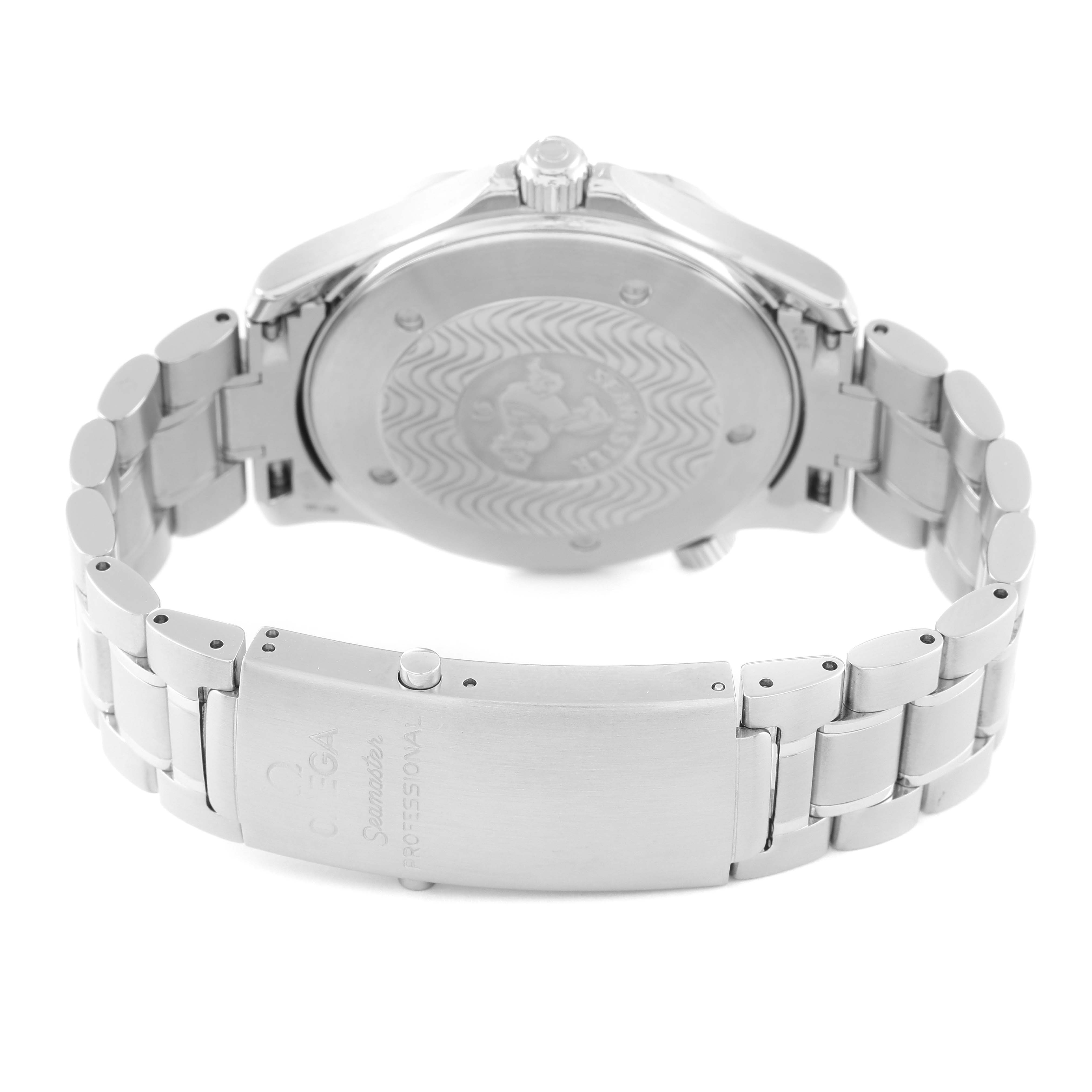 This image shows the back case and bracelet clasp of an Omega Seamaster 2265.80.00 Men's Stainless Steel Blue Dial 2265.80.00 Men's Stainless Steel Blue Dial watch at a rear angle.