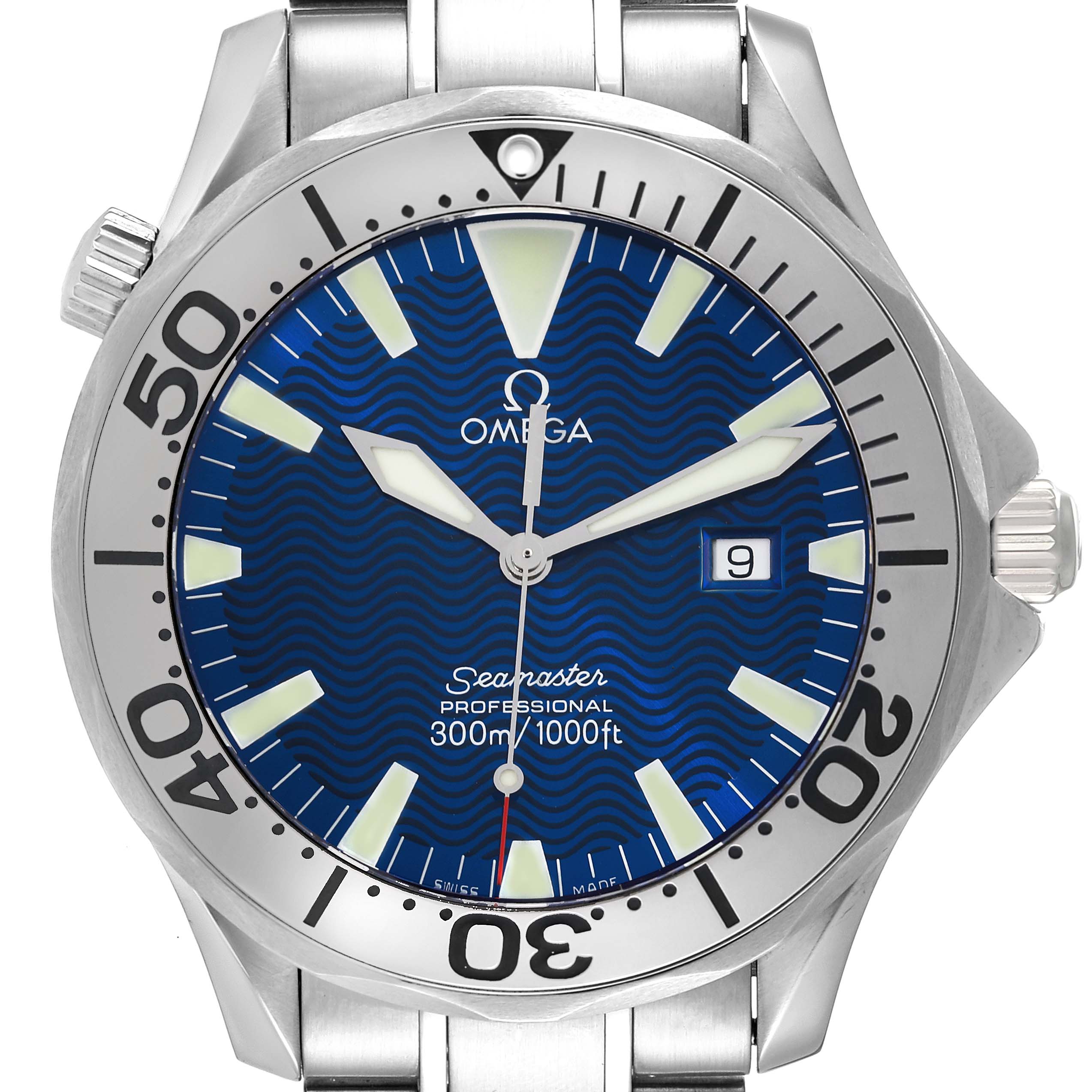 The image shows a front view of the Omega Seamaster 2265.80.00 Men's Stainless Steel Blue Dial 2265.80.00 Men's Stainless Steel Blue Dial watch with a blue dial and stainless steel bezel and band.