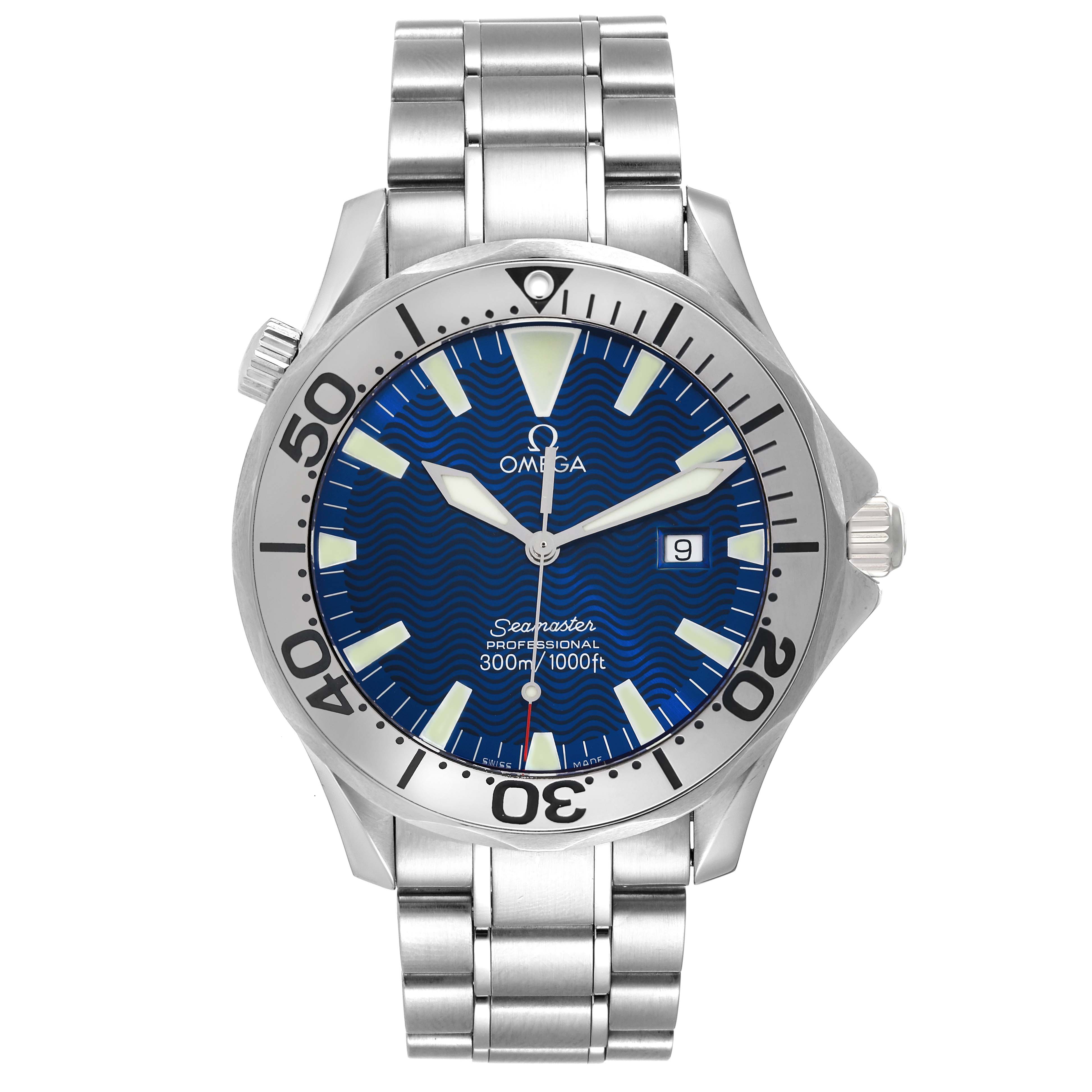 This image shows the front view of an Omega Seamaster 2265.80.00 Men's Stainless Steel Blue Dial 2265.80.00 Men's Stainless Steel Blue Dial watch, highlighting the dial, bezel, bracelet, and crown.