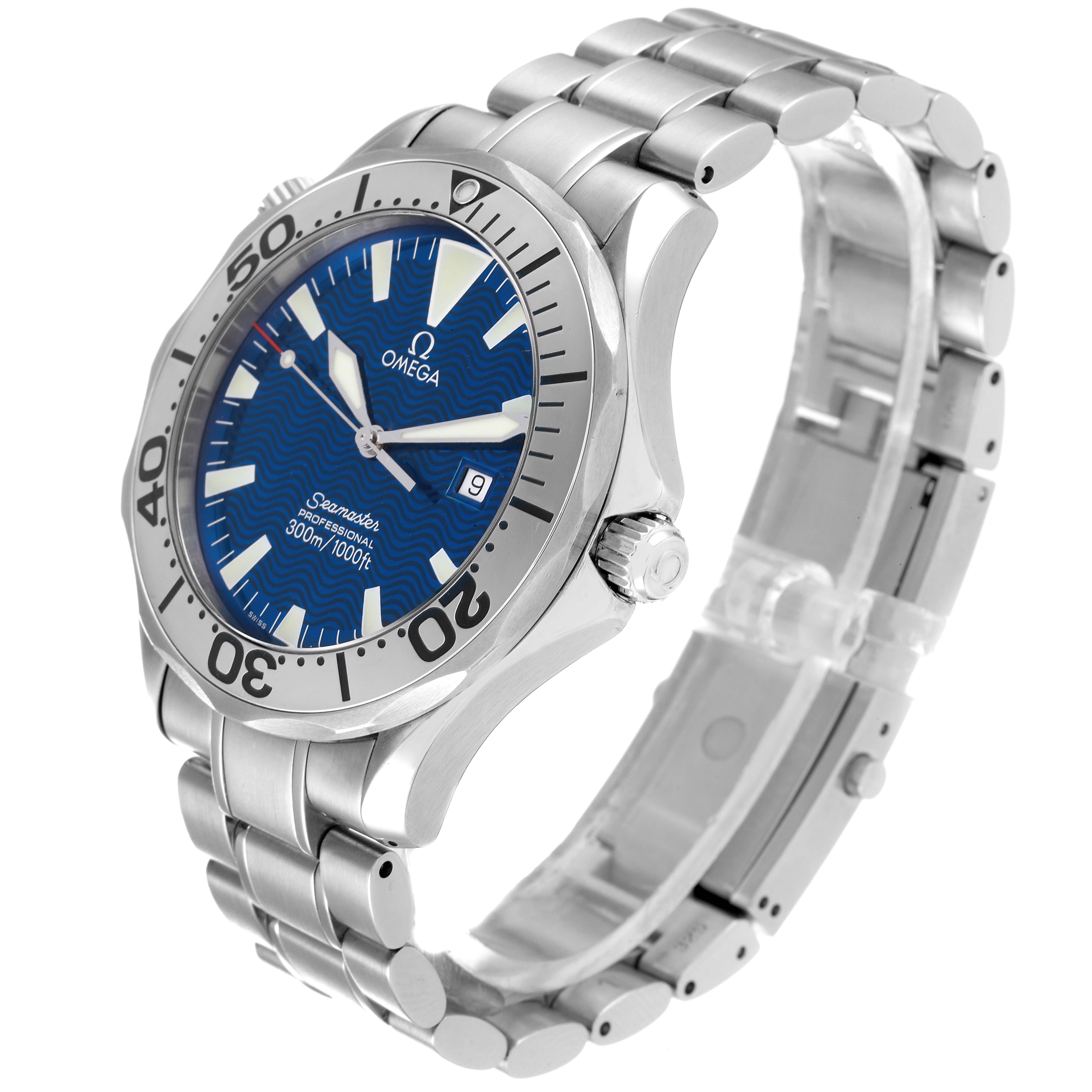 The image shows an angled side view of an Omega Seamaster 2265.80.00 Men's Stainless Steel Blue Dial 2265.80.00 Men's Stainless Steel Blue Dial watch, highlighting the face, bezel, bracelet, and clasp.