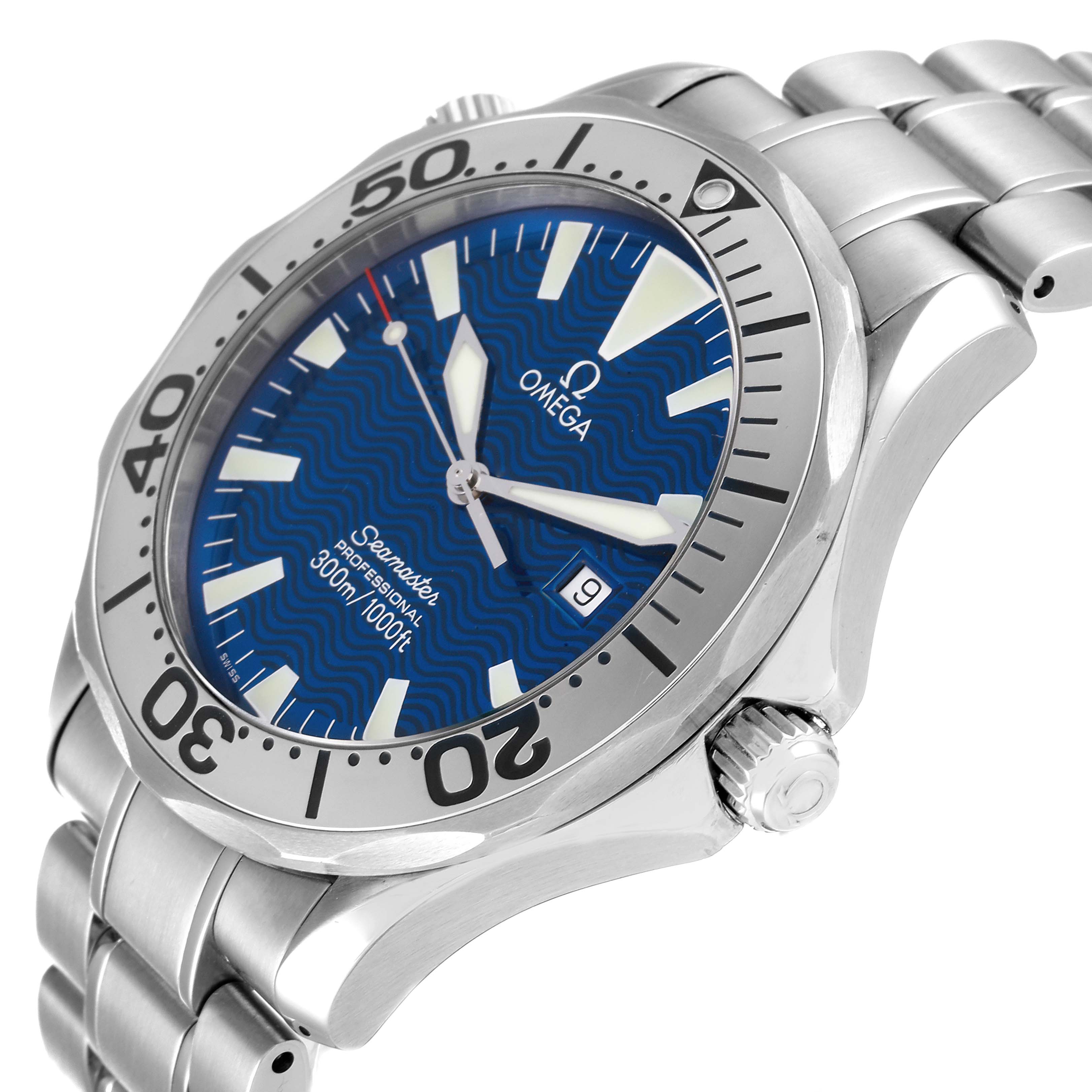 The image shows a three-quarter angle view of an Omega Seamaster 2265.80.00 Men's Stainless Steel Blue Dial 2265.80.00 Men's Stainless Steel Blue Dial watch, highlighting the bezel, crown, dial, and bracelet.