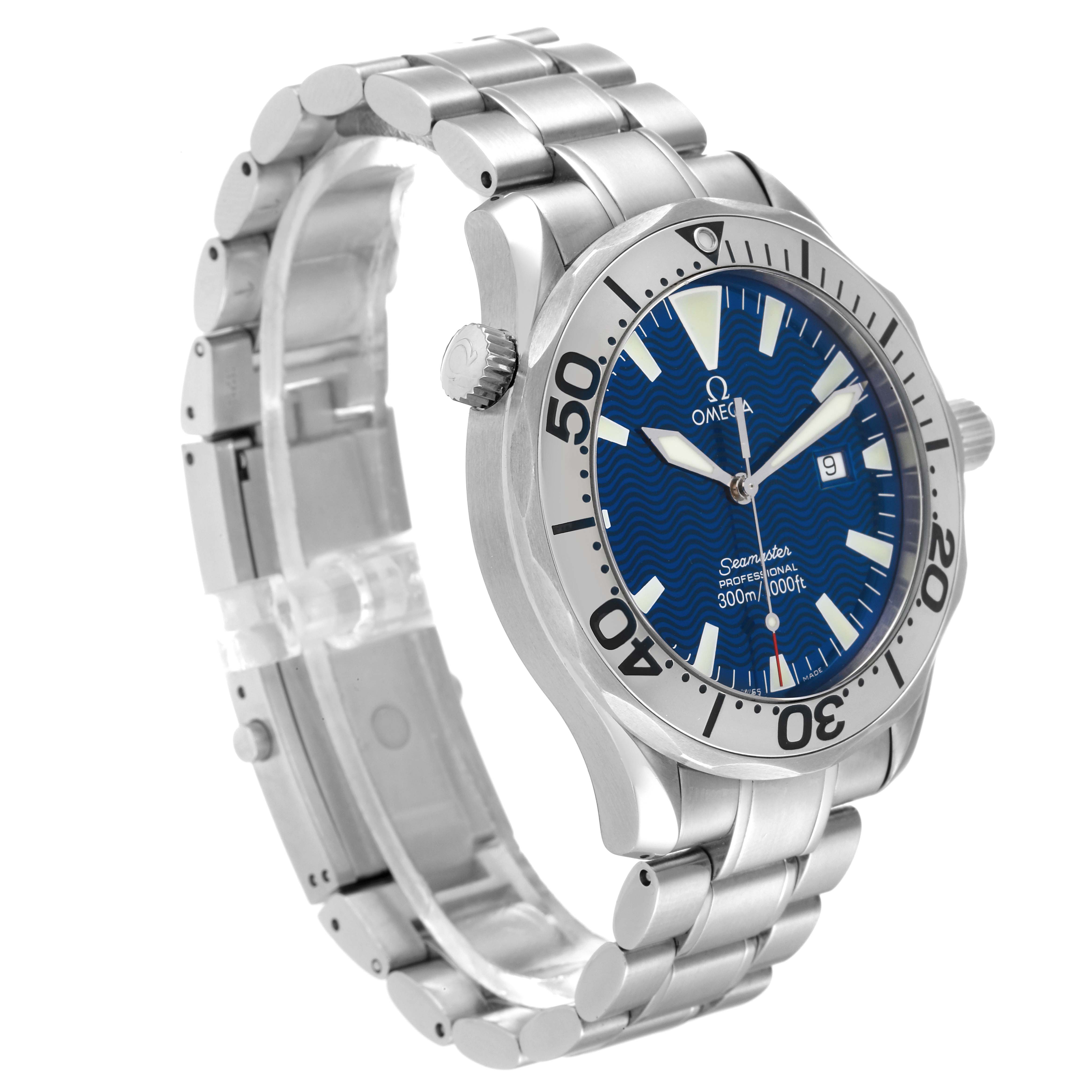 The Omega Seamaster 2265.80.00 Men's Stainless Steel Blue Dial 2265.80.00 Men's Stainless Steel Blue Dial watch is shown at an angle displaying its face, bezel, crown, and stainless steel bracelet.