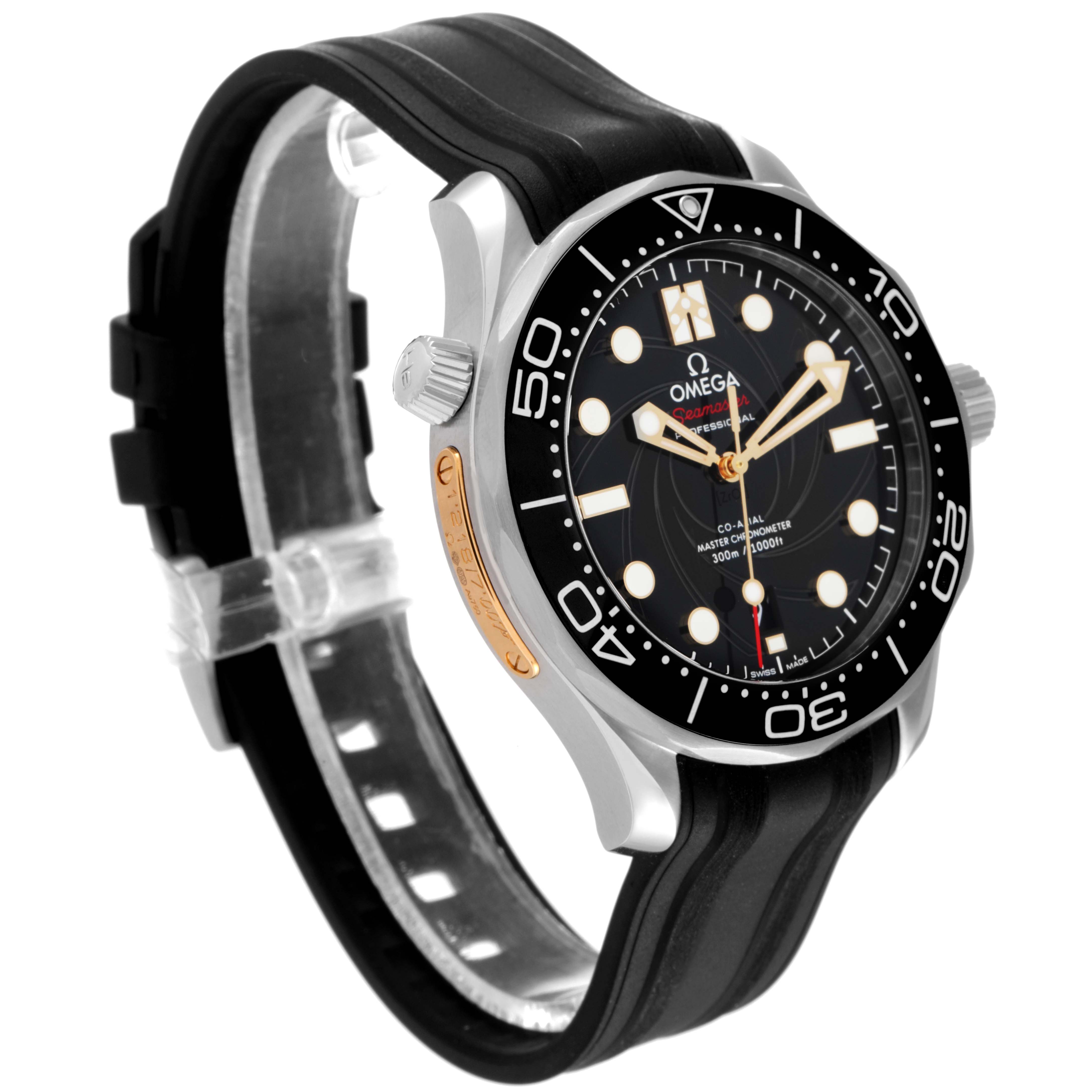 This image shows an Omega Seamaster 210.22.42.20.01.004 Men's Stainless Steel Black Dial 210.22.42.20.01.004 Men's Stainless Steel Black Dial watch at a three-quarter angle highlighting its bezel, face, crown, and strap.