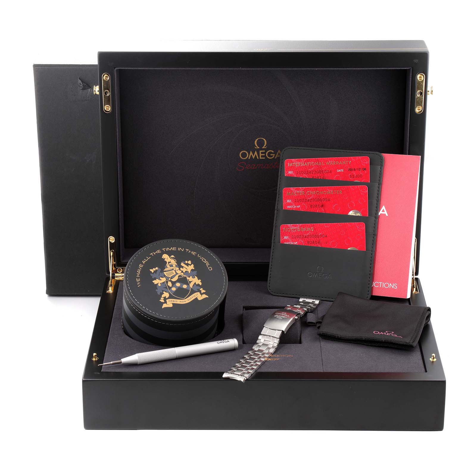 The image shows an Omega Seamaster 210.22.42.20.01.004 Men's Stainless Steel Black Dial 210.22.42.20.01.004 Men's Stainless Steel Black Dial watch kit with a box, manual, warranty cards, strap, and accessories.