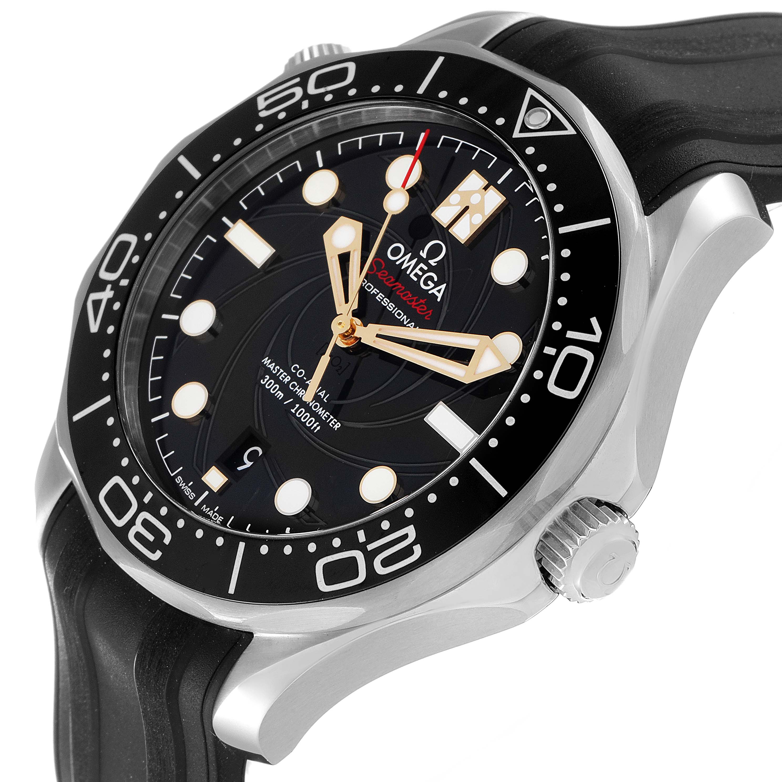 This image shows a close-up angled view of the Omega Seamaster 210.22.42.20.01.004 Men's Stainless Steel Black Dial 210.22.42.20.01.004 Men's Stainless Steel Black Dial watch, focusing on the dial, bezel, and part of the strap.