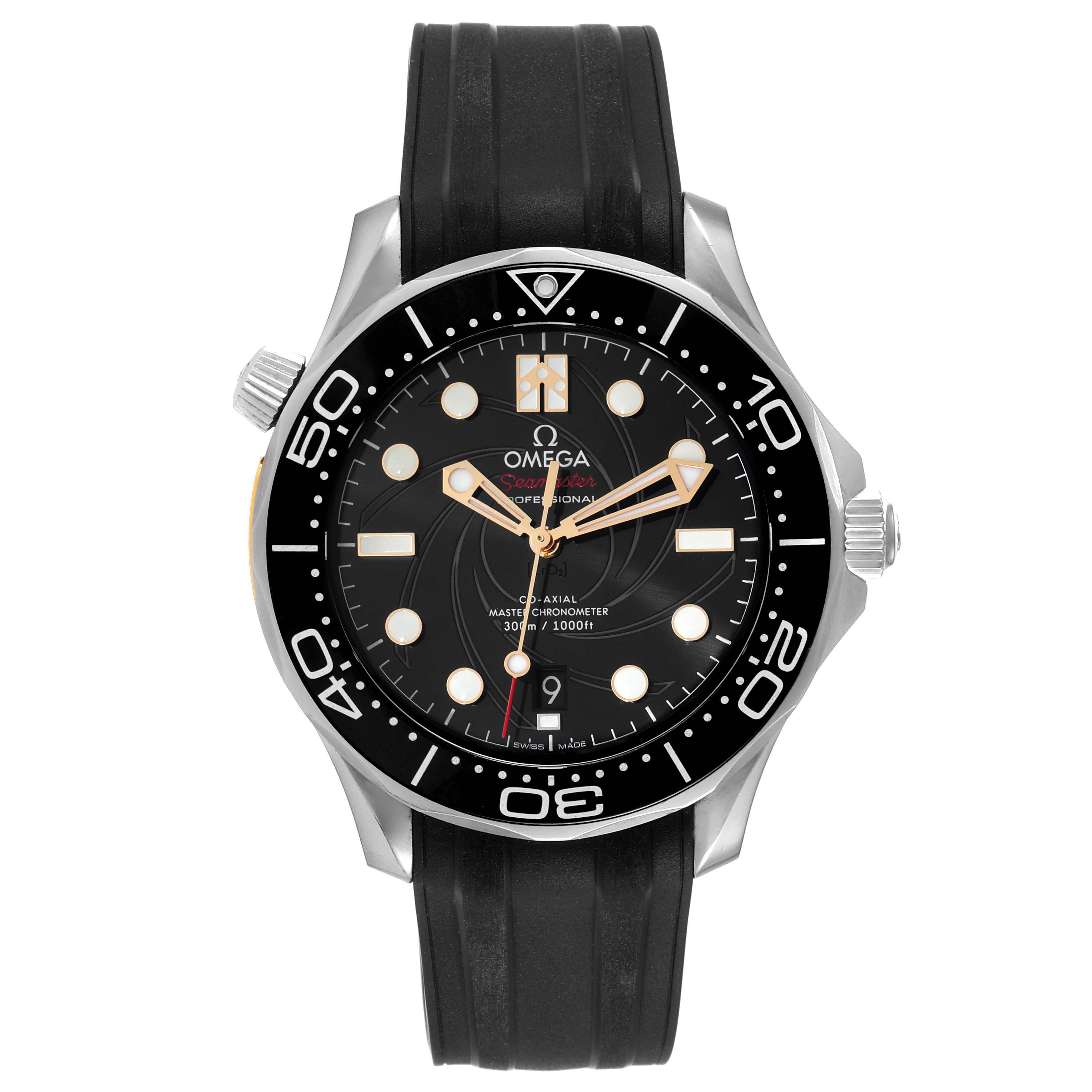 This image shows a front view of the Omega Seamaster 210.22.42.20.01.004 Men's Stainless Steel Black Dial 210.22.42.20.01.004 Men's Stainless Steel Black Dial watch, displaying its black dial, bezel, and rubber strap.