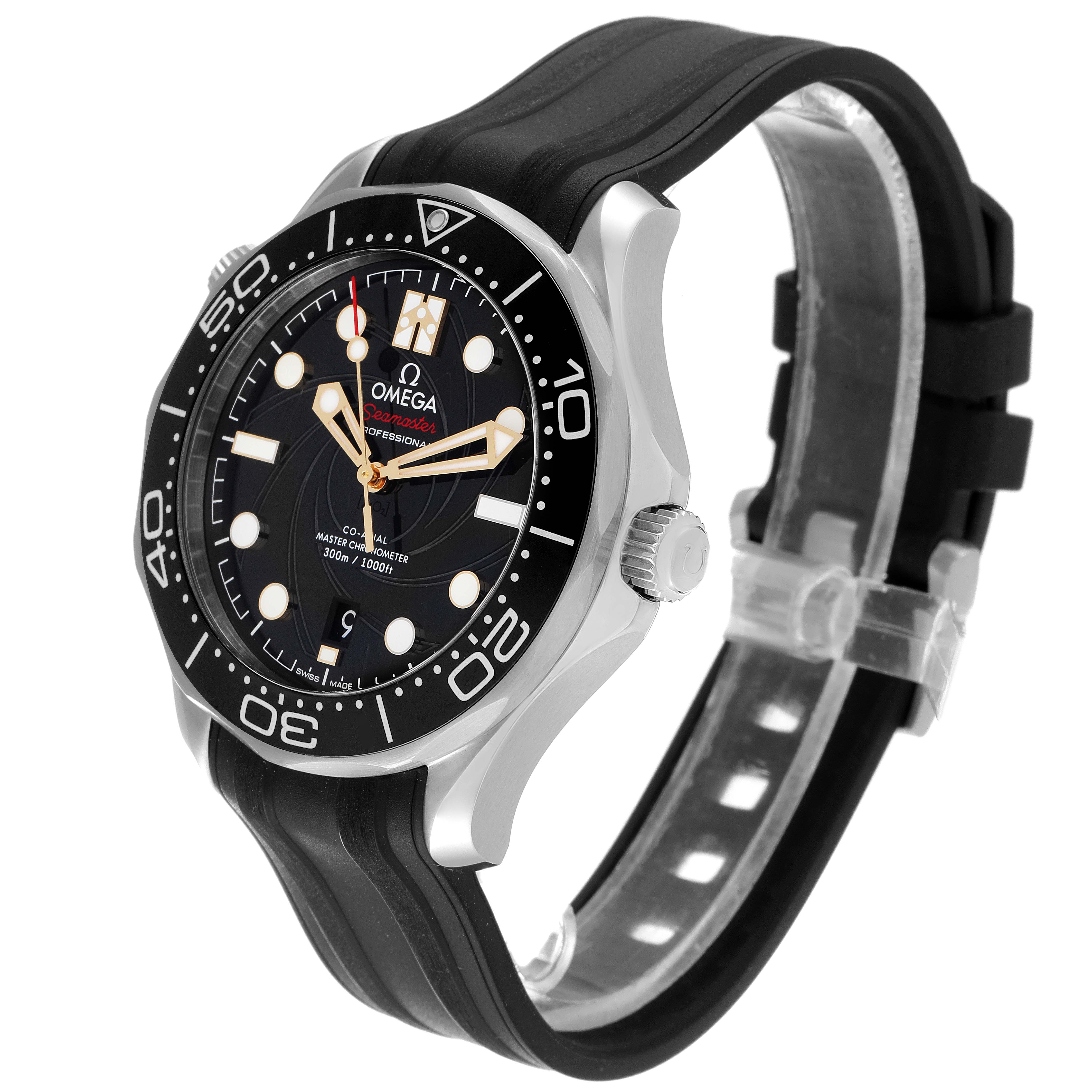 The Omega Seamaster 210.22.42.20.01.004 Men's Stainless Steel Black Dial 210.22.42.20.01.004 Men's Stainless Steel Black Dial watch is shown at a three-quarter angle, highlighting the dial, bezel, and black rubber strap.