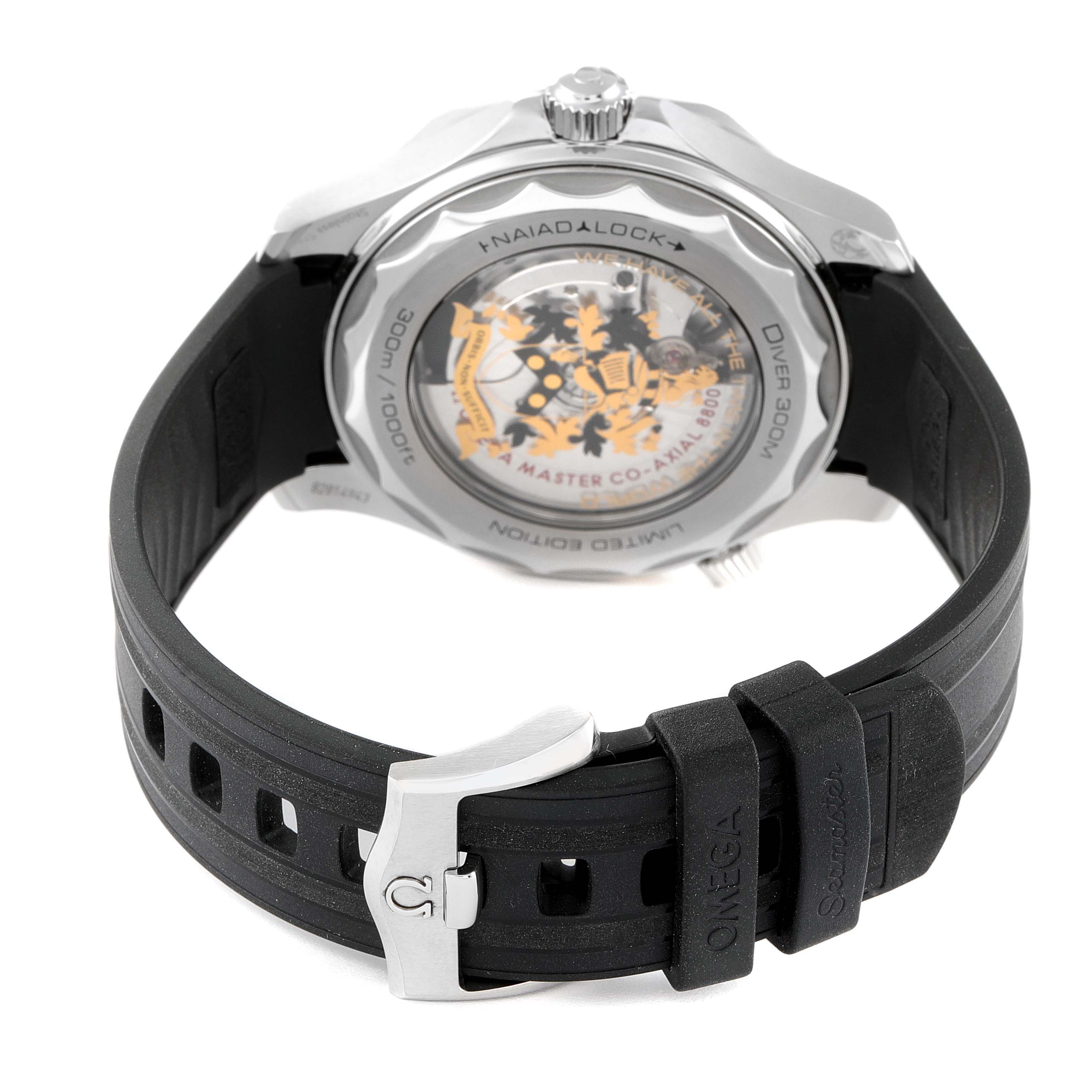 The image shows the back view of the Omega Seamaster 210.22.42.20.01.004 Men's Stainless Steel Black Dial 210.22.42.20.01.004 Men's Stainless Steel Black Dial watch featuring the case back, strap, and clasp with brand engravings.