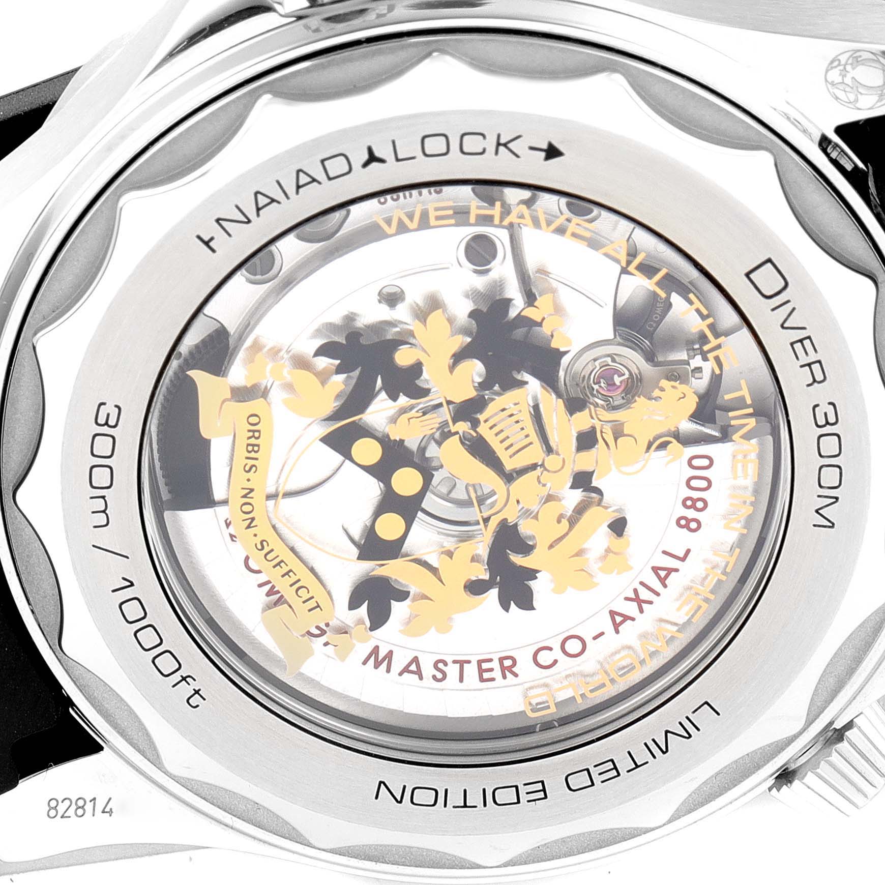 Image shows the back case of the Omega Seamaster 210.22.42.20.01.004 Men's Stainless Steel Black Dial 210.22.42.20.01.004 Men's Stainless Steel Black Dial Diver 300M, displaying the Naiad lock system and Master Co-Axial 8800 movement inside.