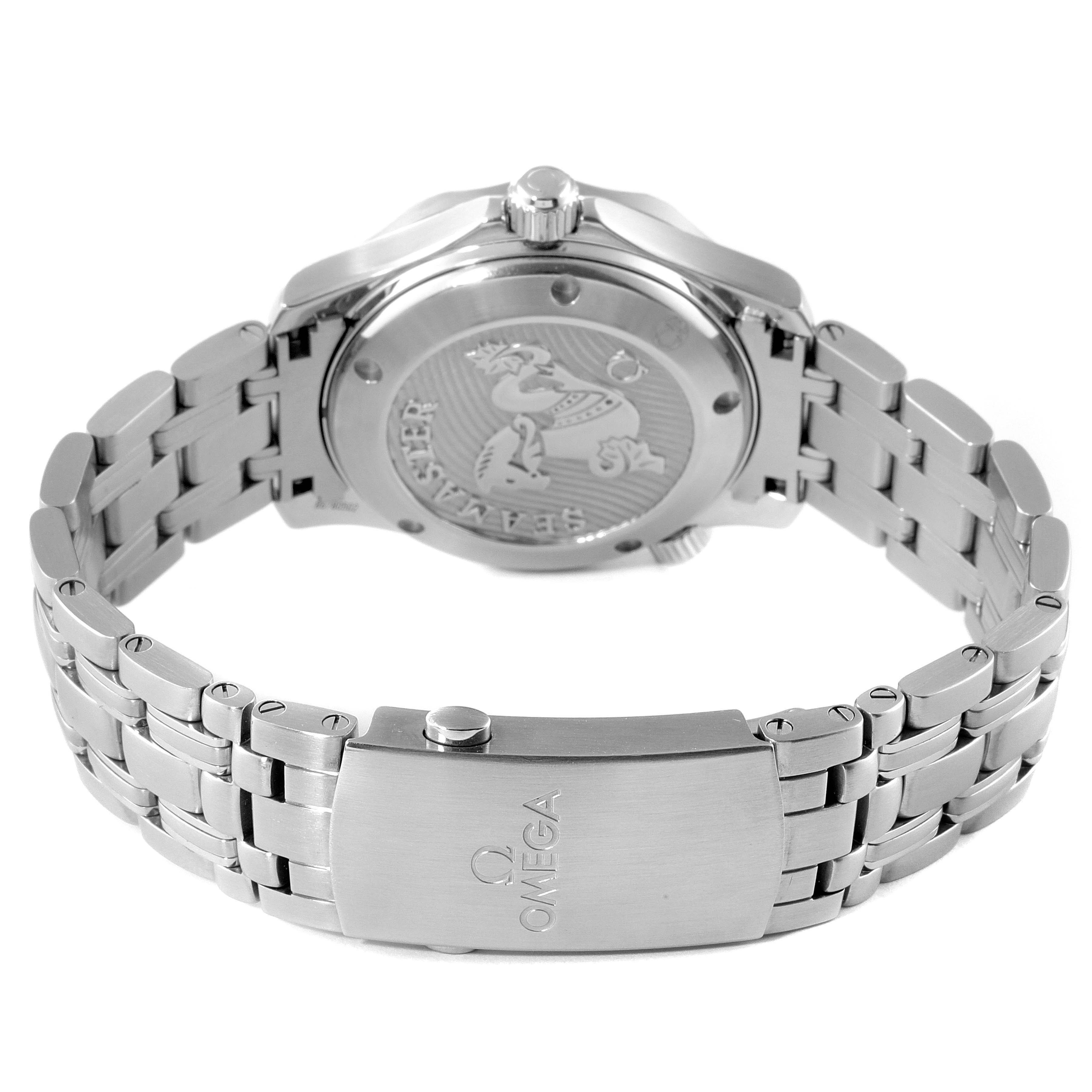 The image shows the back view of an Omega Seamaster 212.30.36.20.03.001 Men's Stainless Steel Blue Dial 212.30.36.20.03.001 Men's Stainless Steel Blue Dial watch, highlighting its clasp, bracelet, and case back.