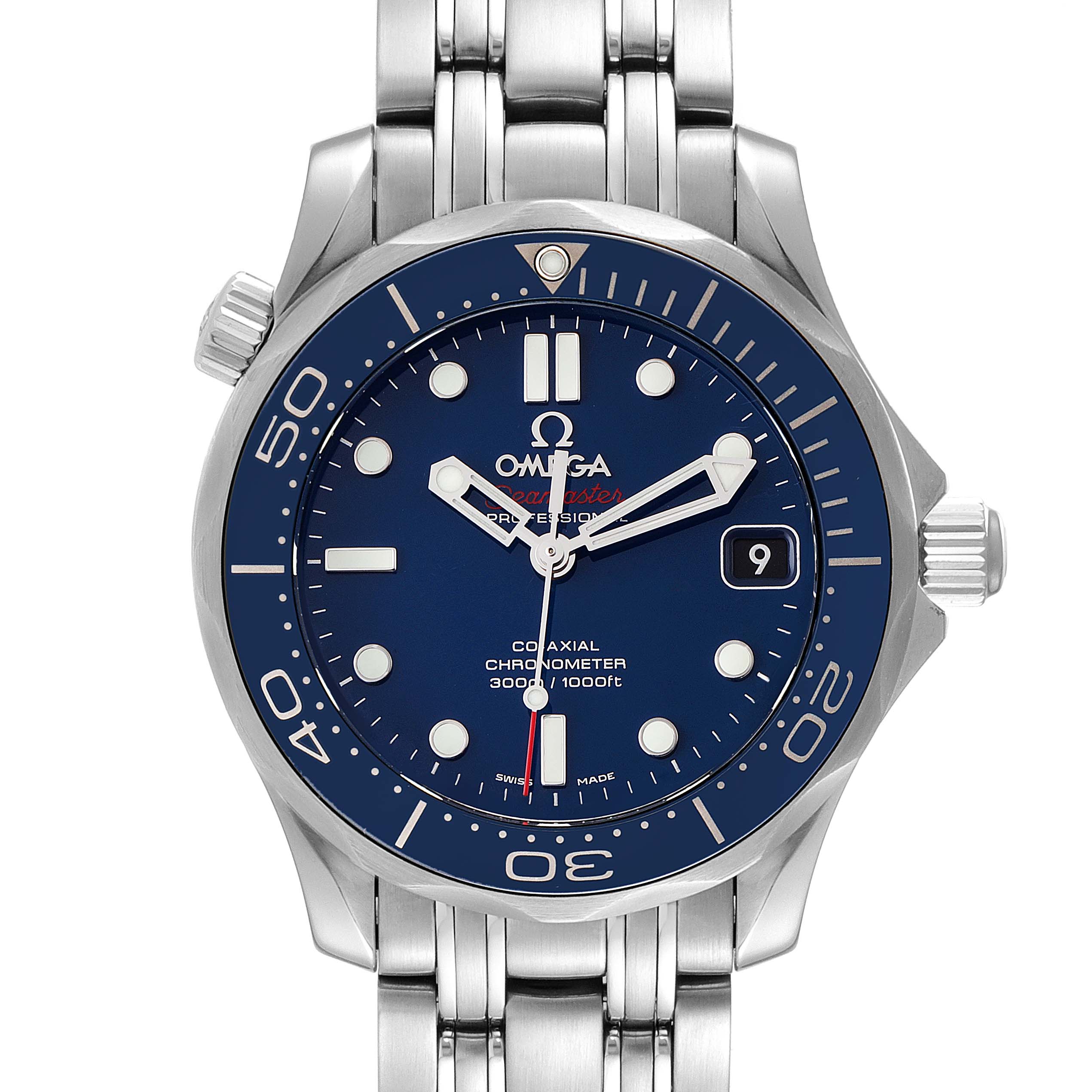 The Omega Seamaster 212.30.36.20.03.001 Men's Stainless Steel Blue Dial 212.30.36.20.03.001 Men's Stainless Steel Blue Dial watch is shown from the front, displaying its blue dial, bezel, hands, hour markers, and part of its metal bracelet.