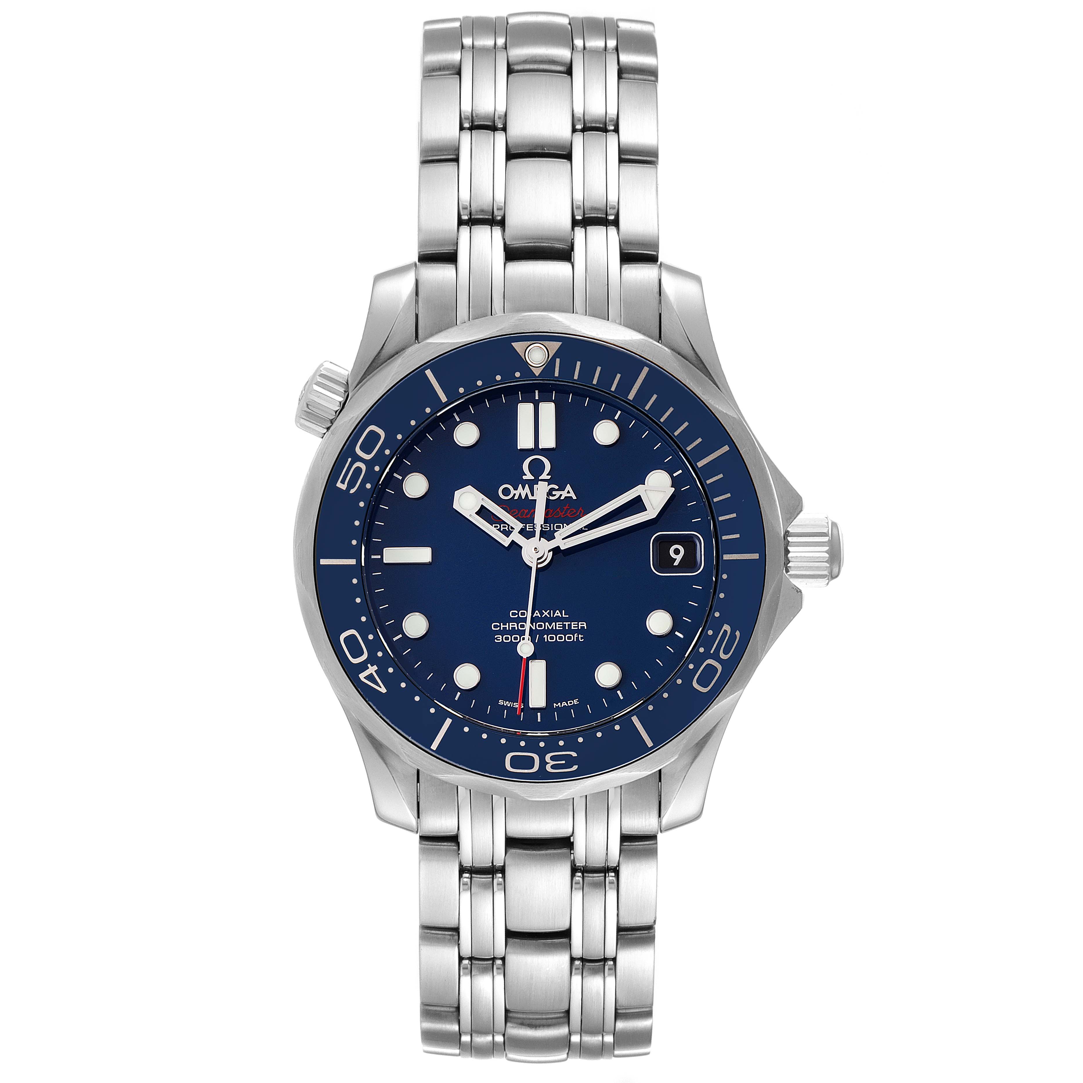This is a front view of an Omega Seamaster 212.30.36.20.03.001 Men's Stainless Steel Blue Dial 212.30.36.20.03.001 Men's Stainless Steel Blue Dial watch, showcasing the blue dial, bezel, and stainless steel bracelet.