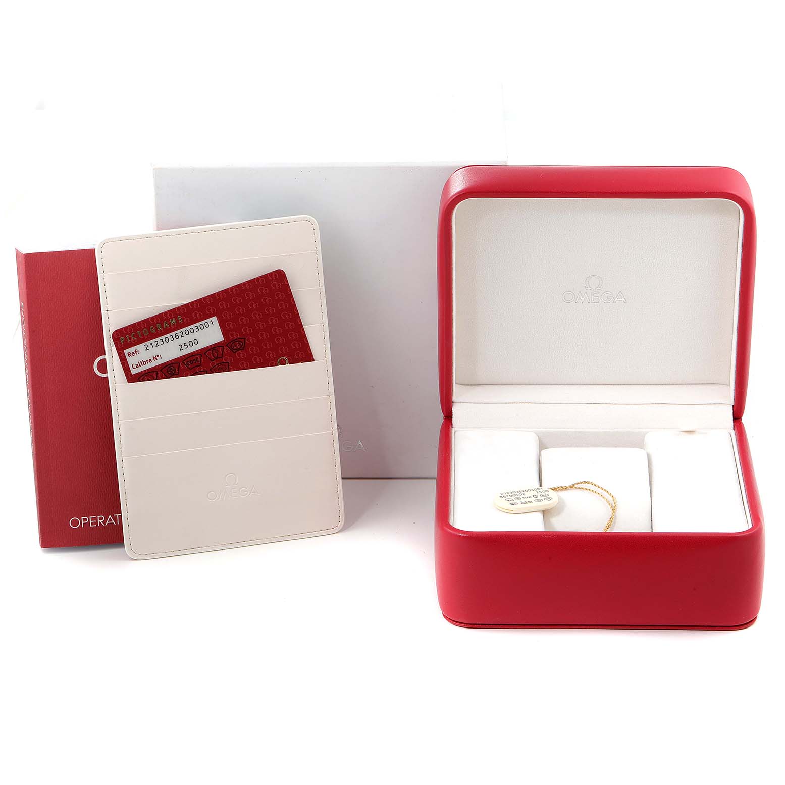 The image shows an Omega Seamaster 212.30.36.20.03.001 Men's Stainless Steel Blue Dial 212.30.36.20.03.001 Men's Stainless Steel Blue Dial watch box, warranty cardholder, and user manual.