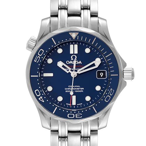 The image shows a frontal view of the Omega Seamaster watch displaying its dial, bezel, and part of its metal bracelet.