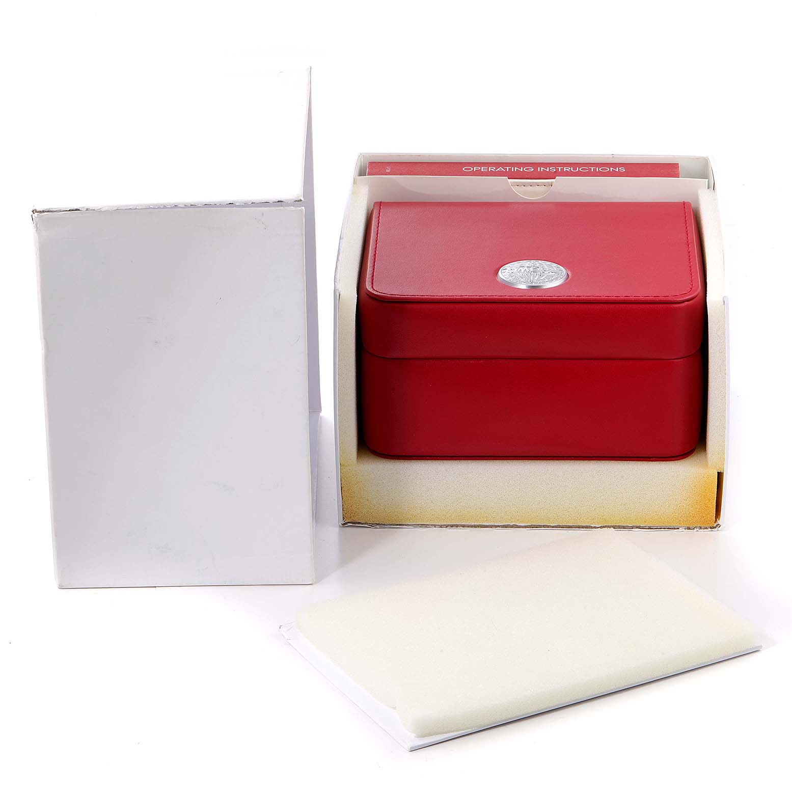 The image shows a red watch box for an Omega Seamaster 212.30.36.20.03.001 Men's Stainless Steel Blue Dial 212.30.36.20.03.001 Men's Stainless Steel Blue Dial, with operating instructions and packaging materials visible.