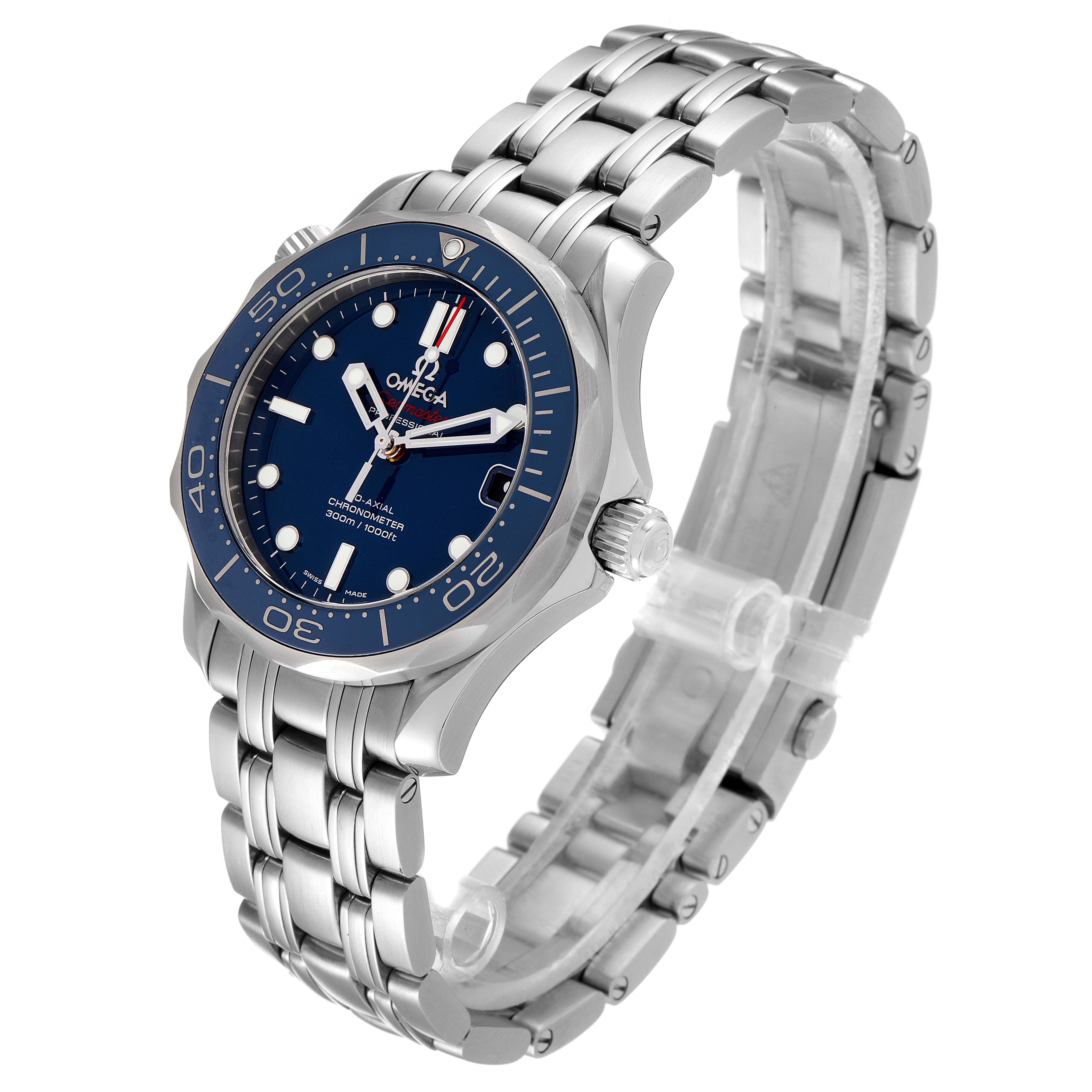 The Omega Seamaster 212.30.36.20.03.001 Men's Stainless Steel Blue Dial 212.30.36.20.03.001 Men's Stainless Steel Blue Dial watch is shown at a three-quarter angle, highlighting the face, bezel, crown, and metal bracelet.