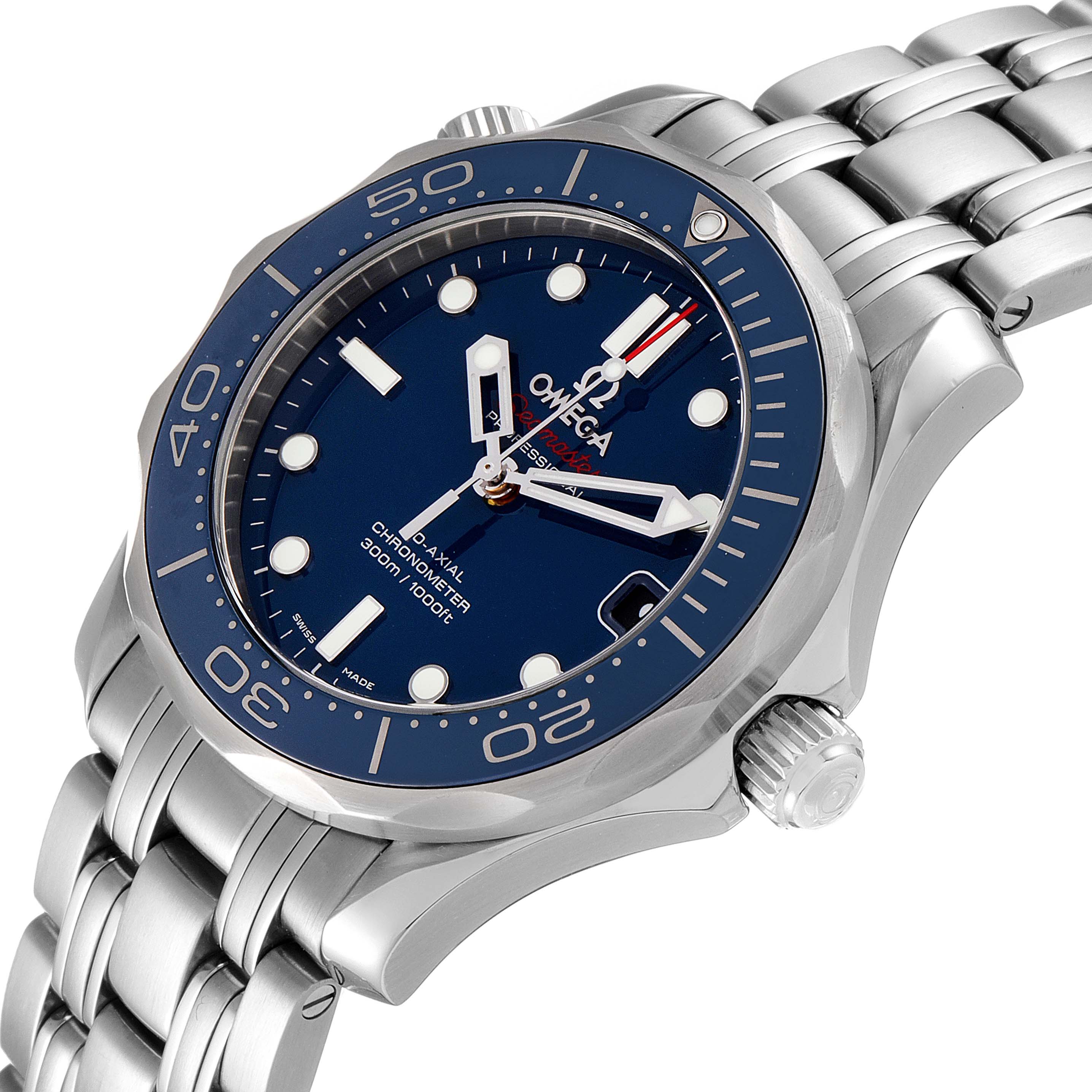 The image showcases an Omega Seamaster 212.30.36.20.03.001 Men's Stainless Steel Blue Dial 212.30.36.20.03.001 Men's Stainless Steel Blue Dial watch at an oblique angle, highlighting the dial, bezel, and a portion of the bracelet.