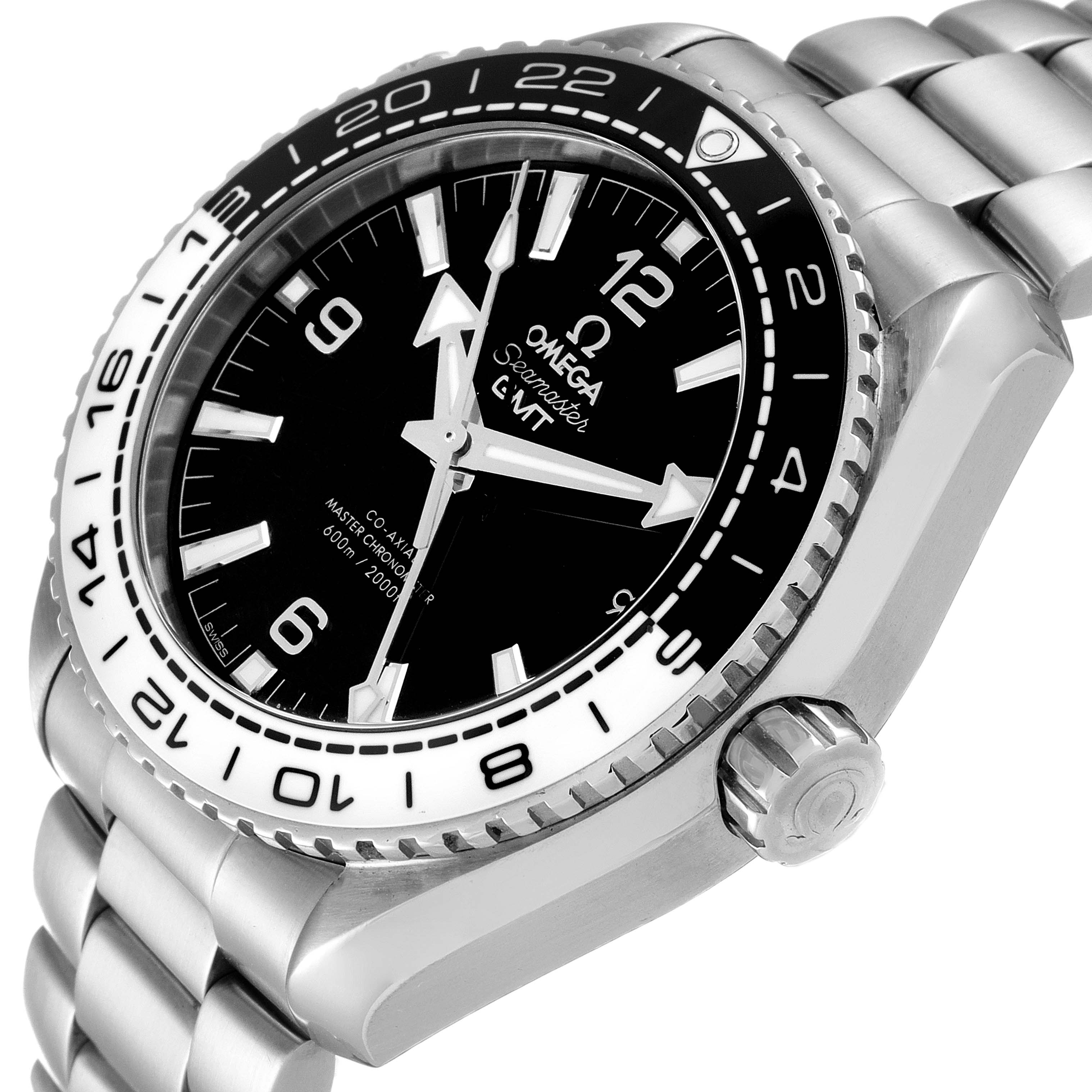 This image shows an angled close-up of the Omega Planet Ocean 215.30.44.22.01.001 Men's Stainless Steel Black Dial 215.30.44.22.01.001 Men's Stainless Steel Black Dial watch, highlighting the dial, bezel, crown, and part of the bracelet.