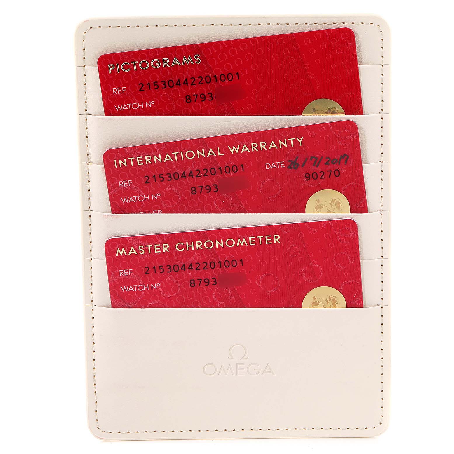 The image shows an Omega Planet Ocean 215.30.44.22.01.001 Men's Stainless Steel Black Dial 215.30.44.22.01.001 Men's Stainless Steel Black Dial warranty card holder with pictograms, international warranty, and master chronometer cards.