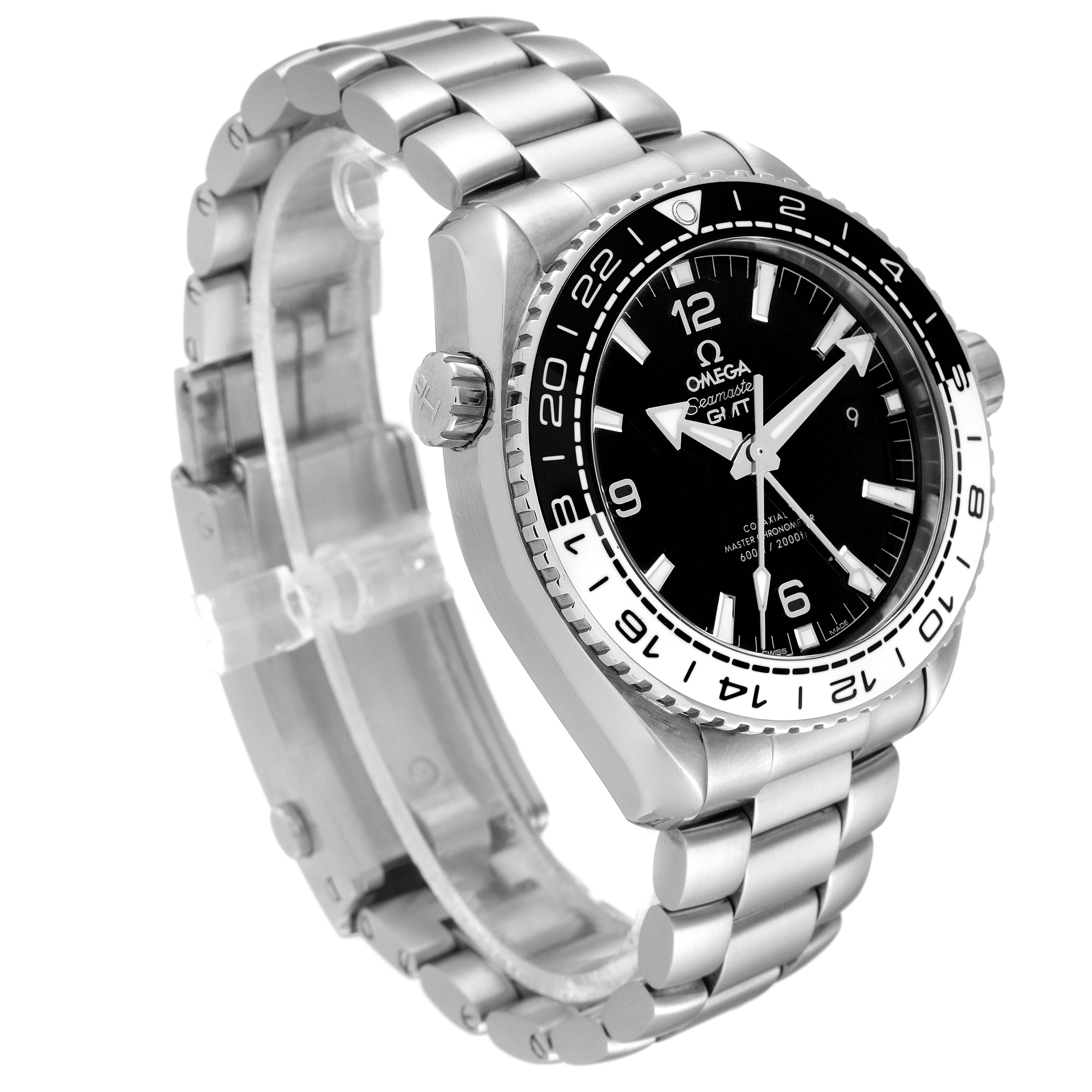 The image shows an angled view of the Omega Planet Ocean 215.30.44.22.01.001 Men's Stainless Steel Black Dial 215.30.44.22.01.001 Men's Stainless Steel Black Dial watch, highlighting its face, bezel, and bracelet.