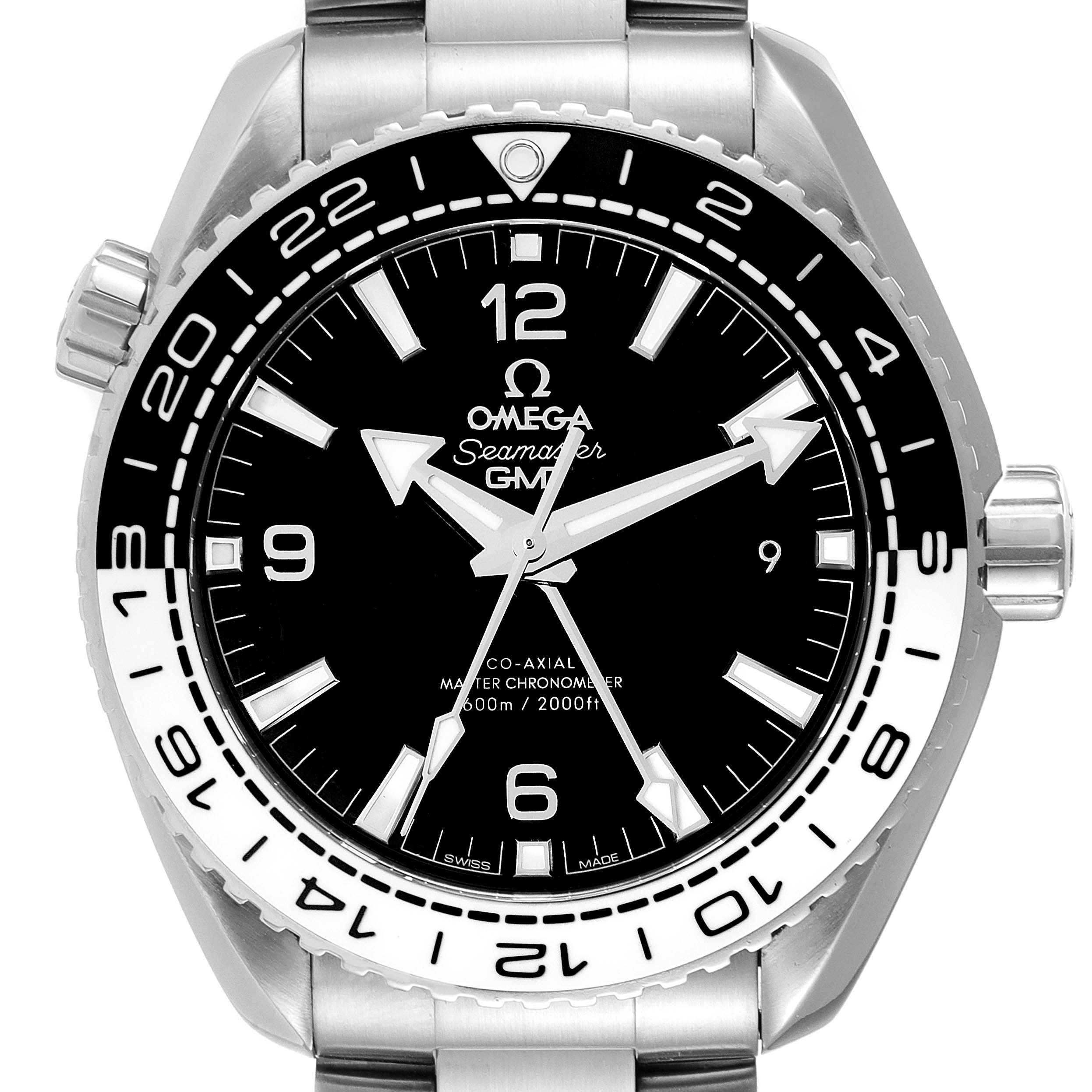 The image shows a front view of the Omega Planet Ocean 215.30.44.22.01.001 Men's Stainless Steel Black Dial 215.30.44.22.01.001 Men's Stainless Steel Black Dial Seamaster GMT watch, detailing the dial, bezel, and crown.
