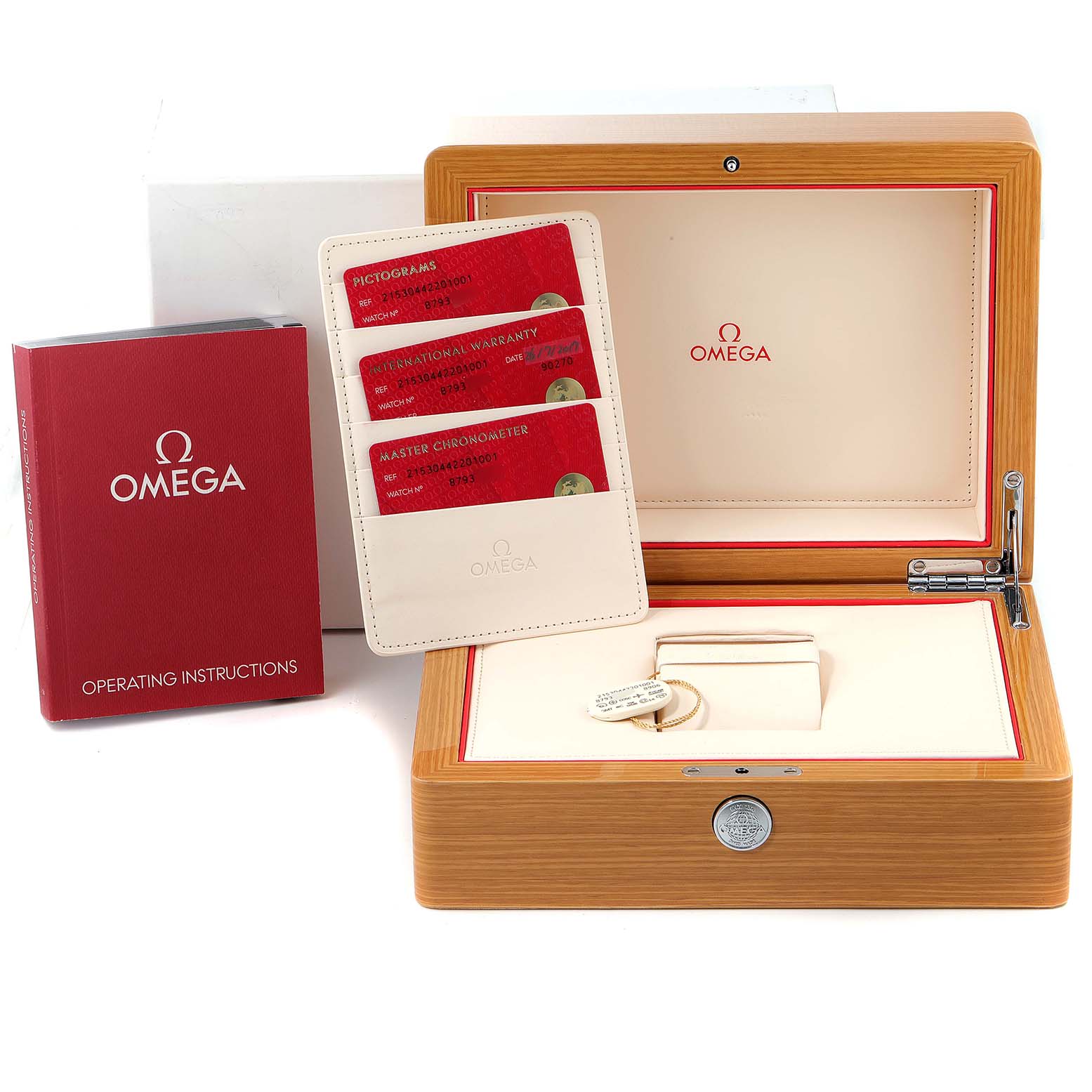 The image shows a wooden presentation box, warranty cards, and operating instructions for the Omega Planet Ocean 215.30.44.22.01.001 Men's Stainless Steel Black Dial 215.30.44.22.01.001 Men's Stainless Steel Black Dial watch.