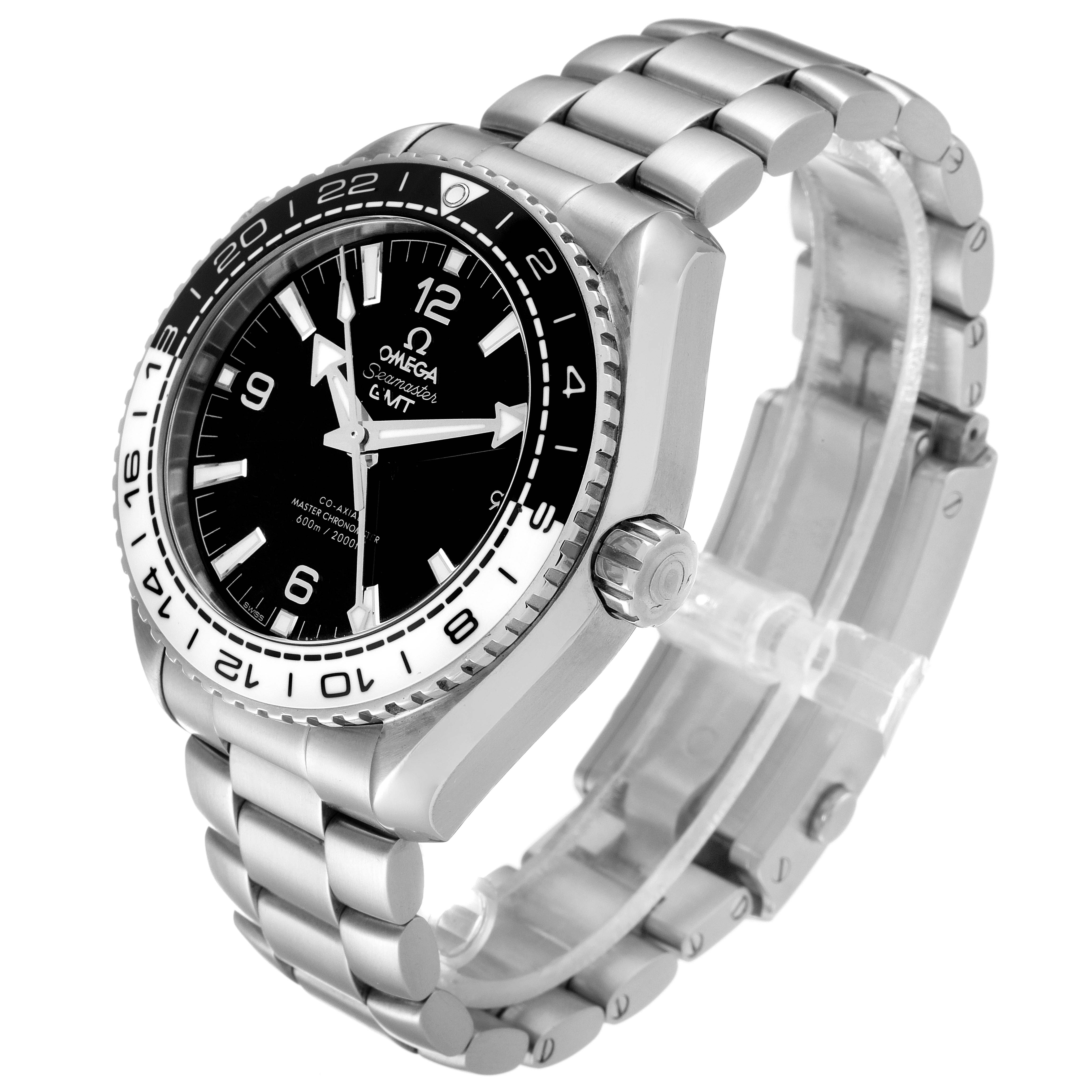 The image shows the Omega Planet Ocean 215.30.44.22.01.001 Men's Stainless Steel Black Dial 215.30.44.22.01.001 Men's Stainless Steel Black Dial watch at an angled view emphasizing the face, bezel, crown, and bracelet.