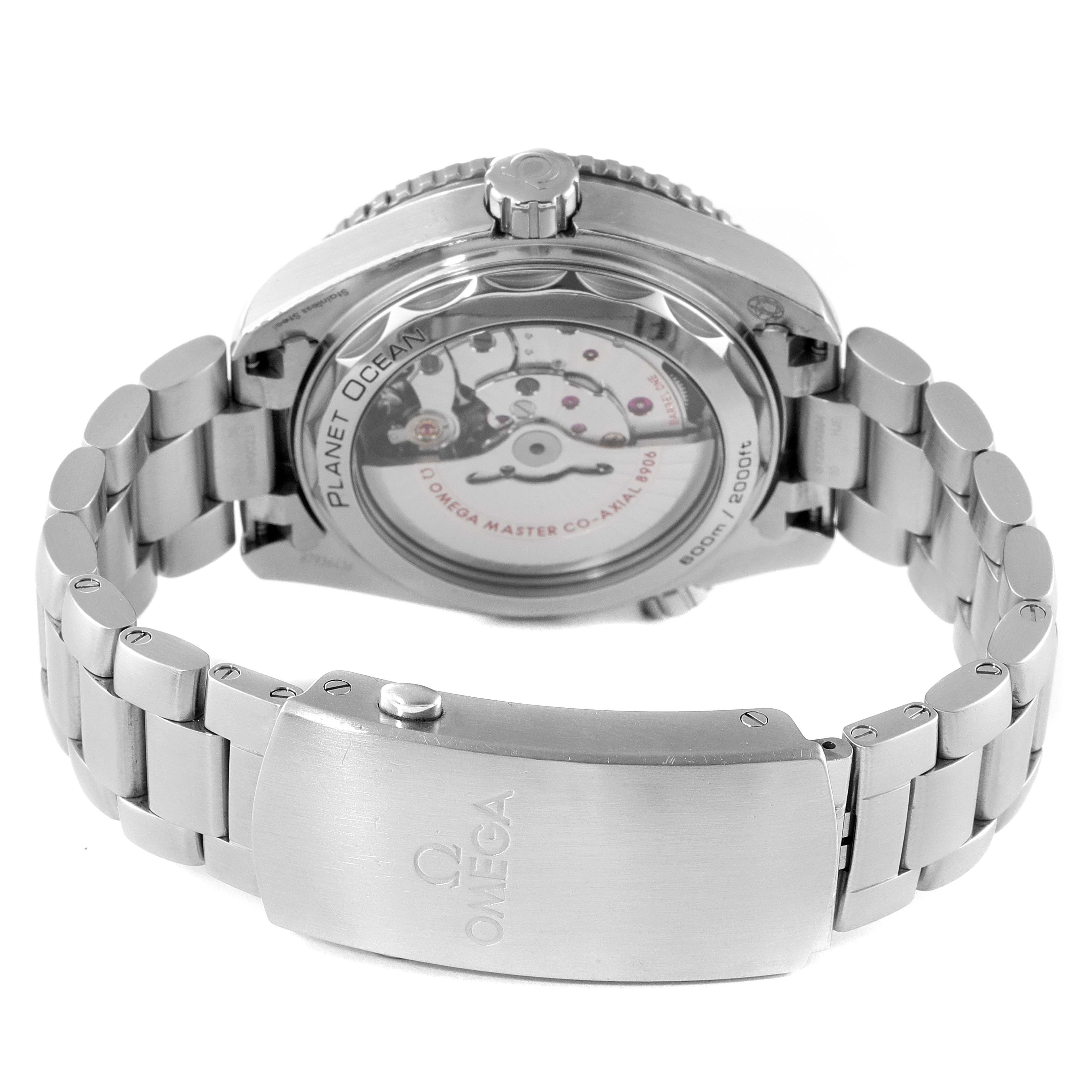 The image shows the back view of the Omega Planet Ocean 215.30.44.22.01.001 Men's Stainless Steel Black Dial 215.30.44.22.01.001 Men's Stainless Steel Black Dial watch, highlighting its open case back and bracelet clasp.