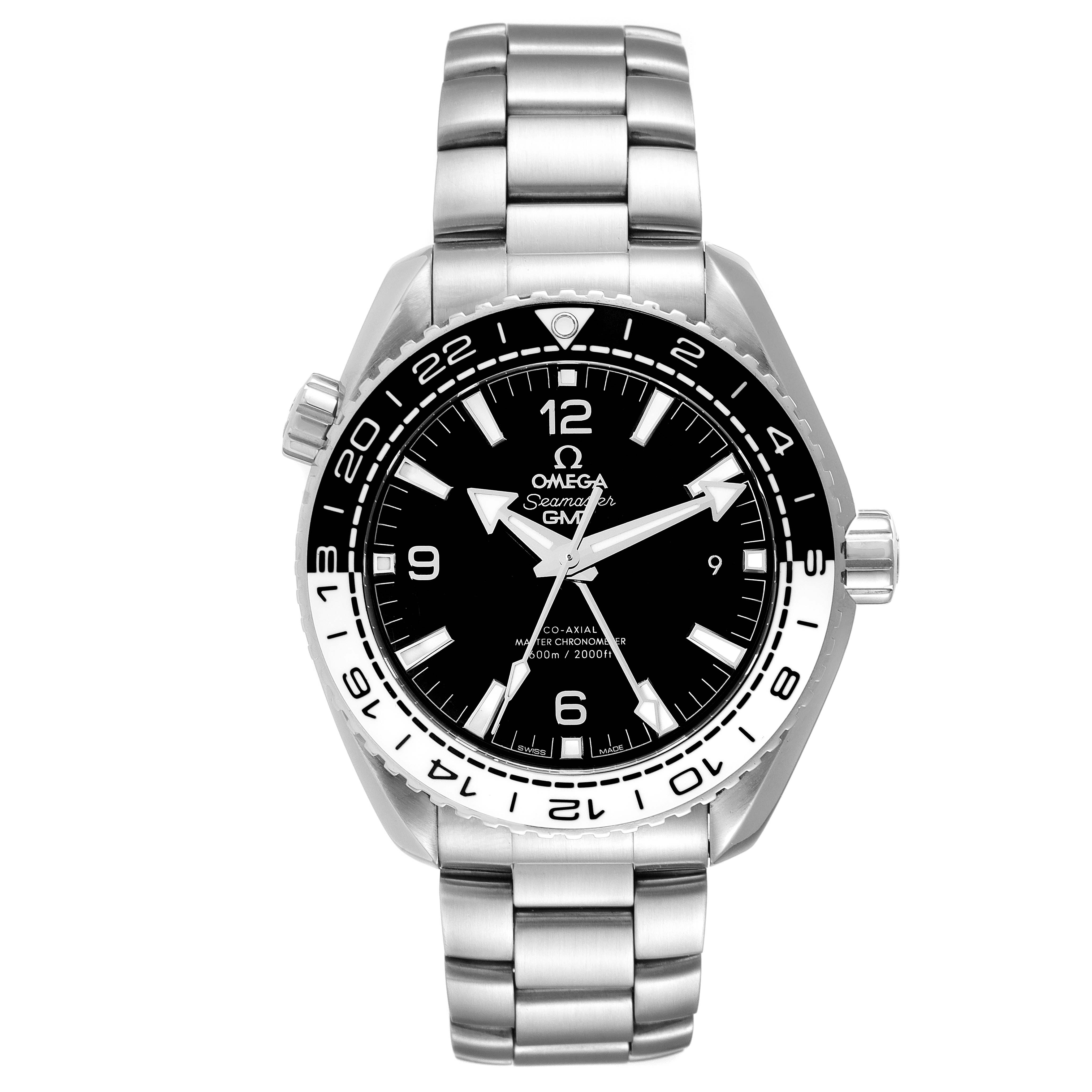 The image shows a frontal view of the Omega Planet Ocean 215.30.44.22.01.001 Men's Stainless Steel Black Dial 215.30.44.22.01.001 Men's Stainless Steel Black Dial watch, highlighting its dial, bezel, and metal bracelet.