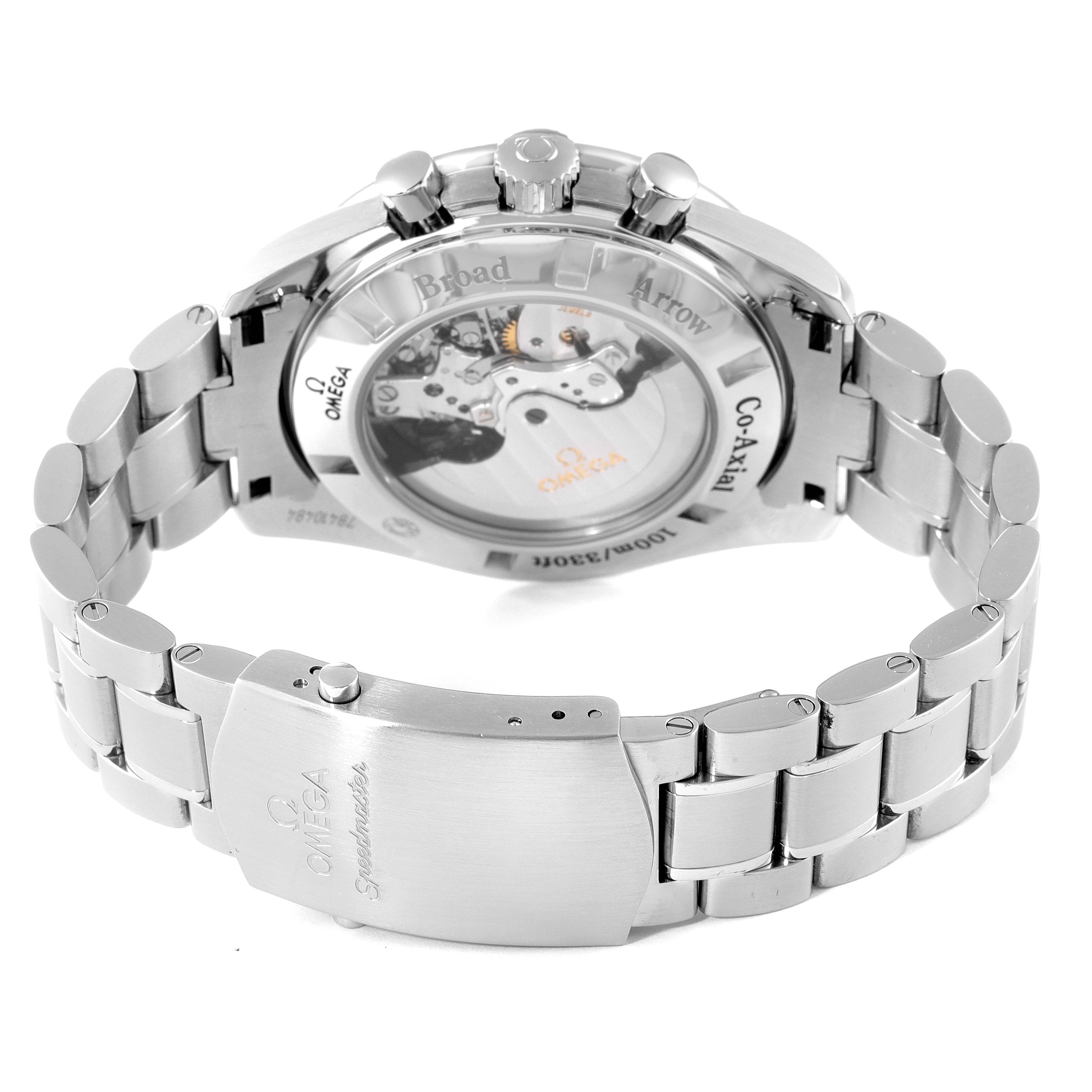 The image shows the back of an Omega Speedmaster 321.10.44.50.02.001 Men
s Stainless Steel Silver Dial 321.10.44.50.02.001 Men
s Stainless Steel Silver Dial watch, highlighting its movement, case back, and bracelet.