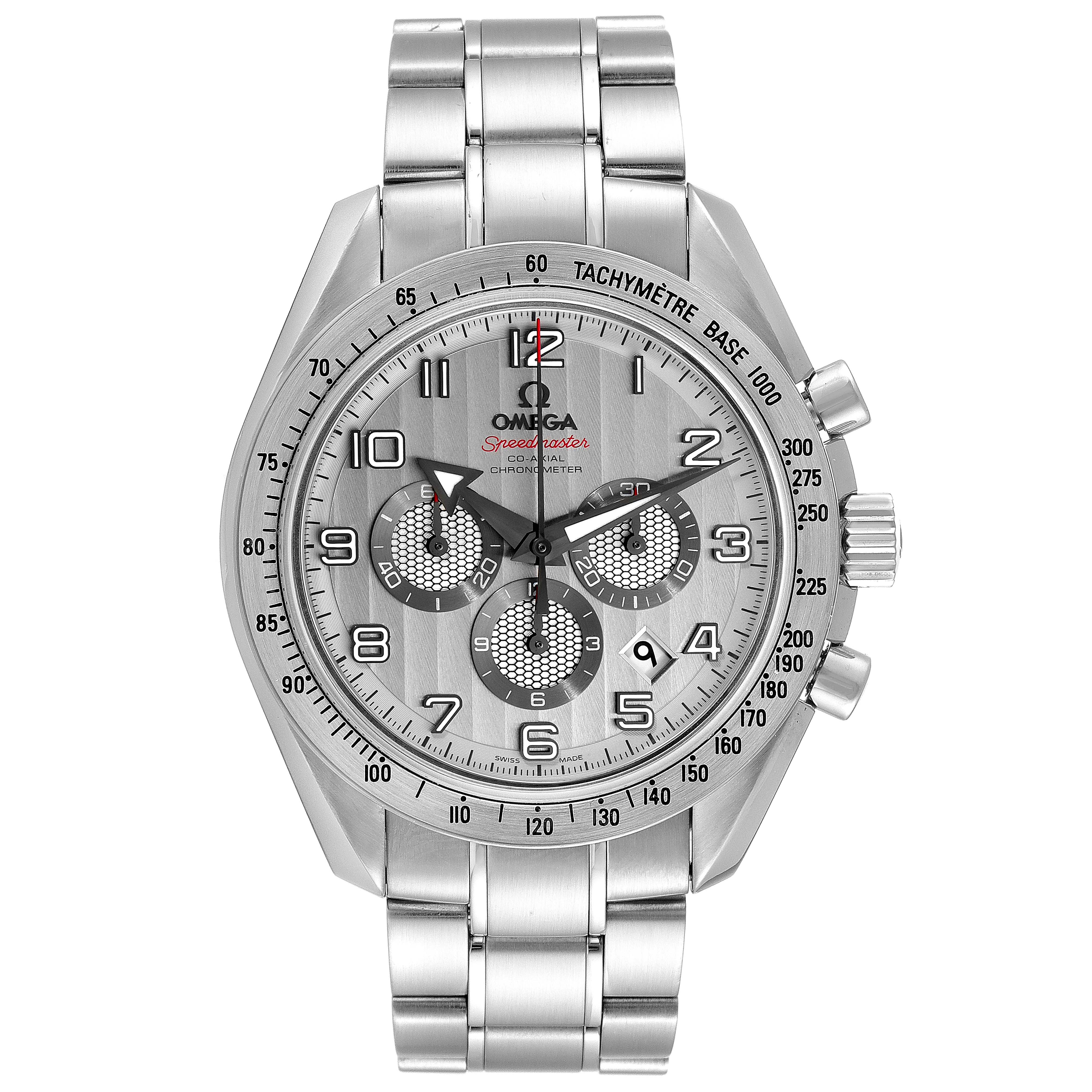 This image shows the front view of an Omega Speedmaster 321.10.44.50.02.001 Men
s Stainless Steel Silver Dial 321.10.44.50.02.001 Men
s Stainless Steel Silver Dial watch, highlighting the face, bezel, and metal strap.