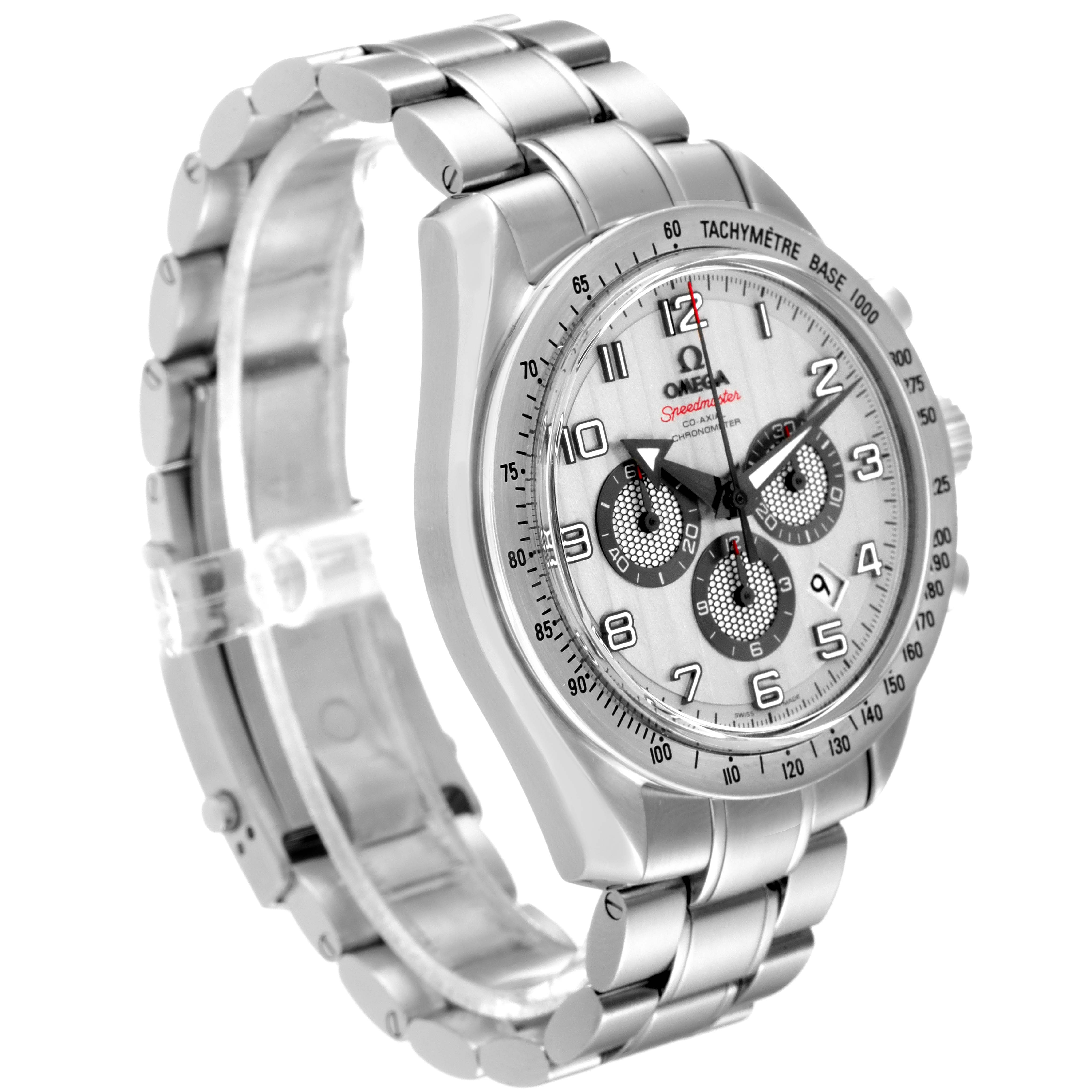 The Omega Speedmaster 321.10.44.50.02.001 Men
s Stainless Steel Silver Dial 321.10.44.50.02.001 Men
s Stainless Steel Silver Dial watch is shown at a slight angle, highlighting the face, bezel, and metal bracelet.