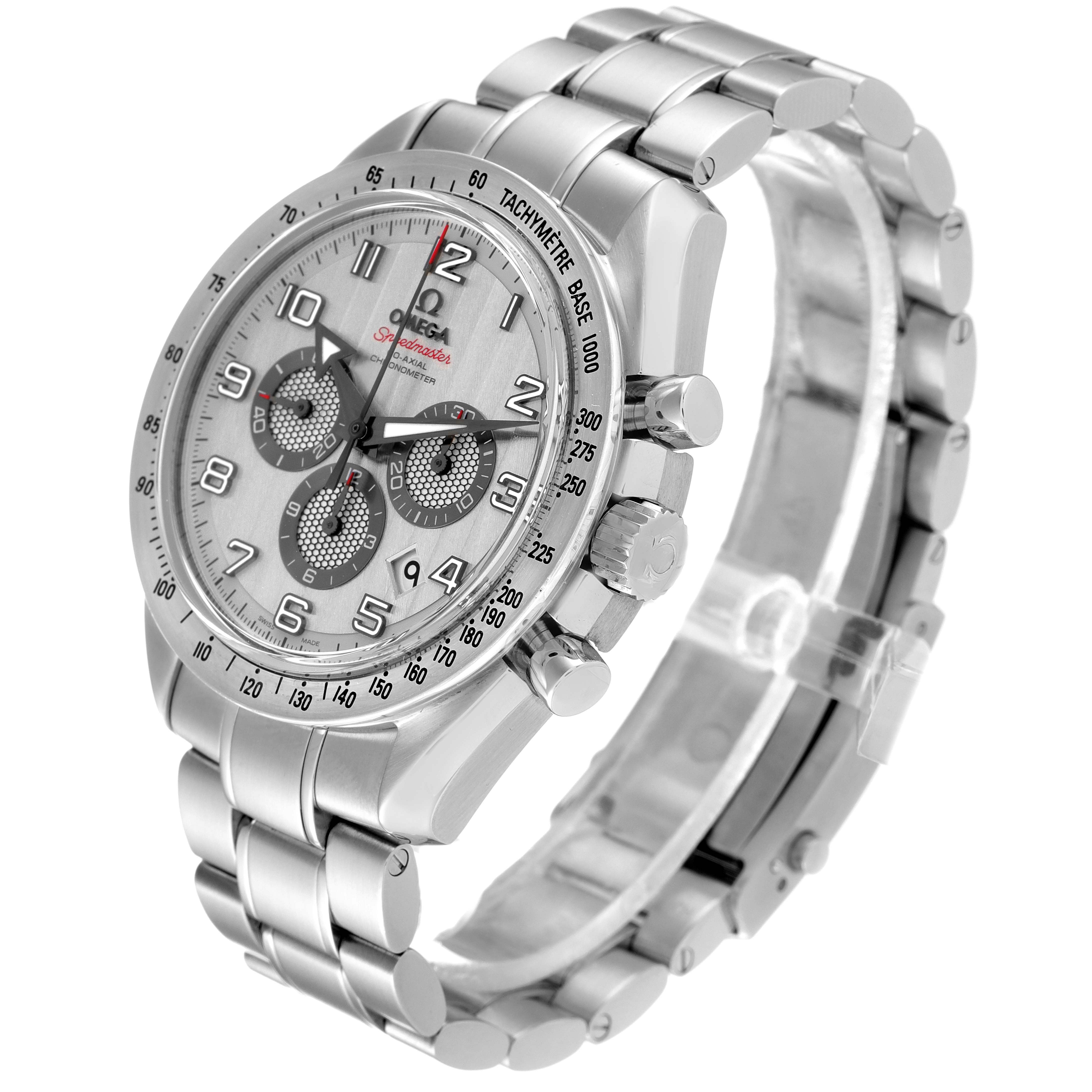 The Omega Speedmaster 321.10.44.50.02.001 Men
s Stainless Steel Silver Dial 321.10.44.50.02.001 Men
s Stainless Steel Silver Dial watch is shown at a three-quarter angle, displaying its face, crown, pushers, and bracelet.
