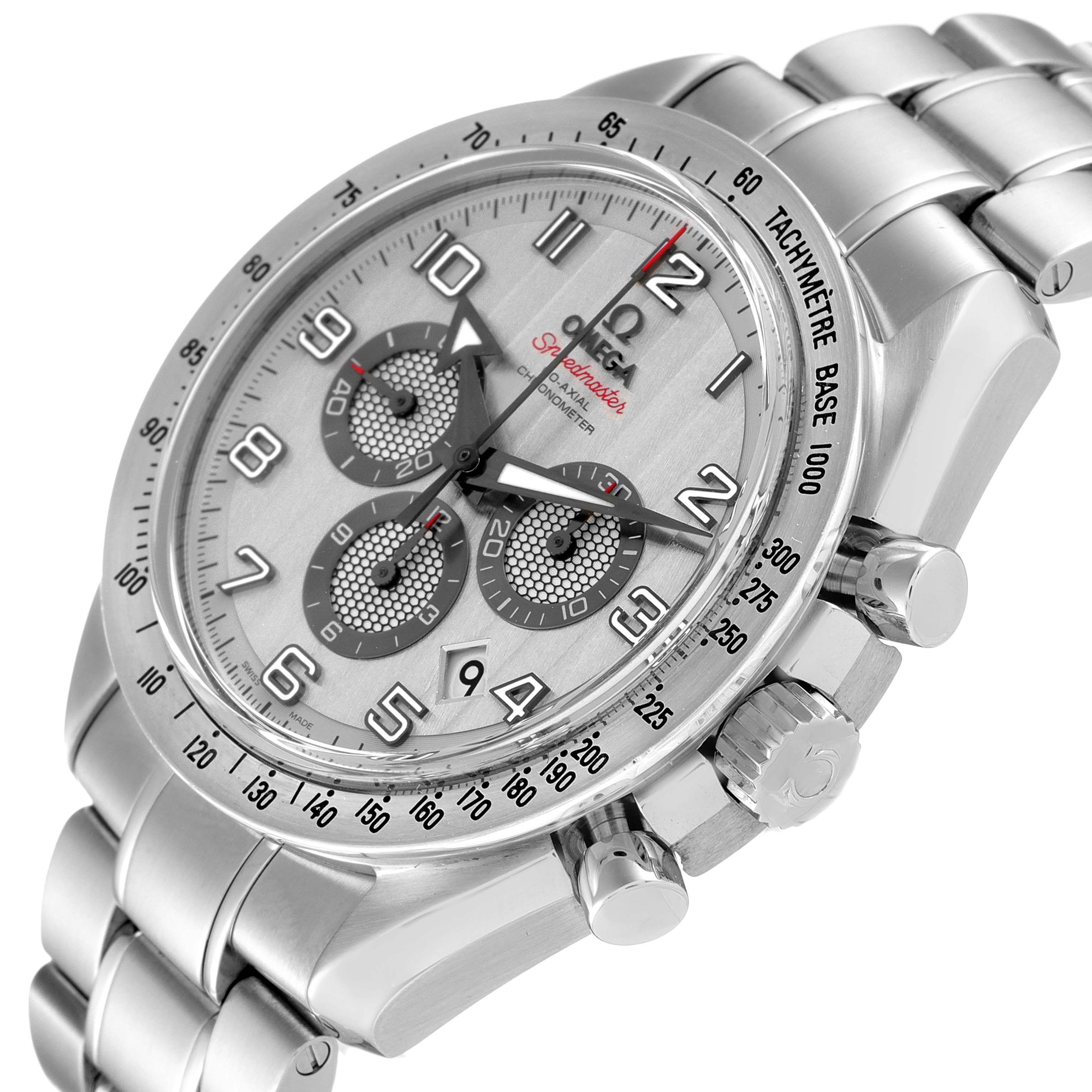 The image shows an angled close-up of the Omega Speedmaster 321.10.44.50.02.001 Men
s Stainless Steel Silver Dial 321.10.44.50.02.001 Men
s Stainless Steel Silver Dial watch, highlighting its dial, tachymeter bezel, and stainless steel bracelet.