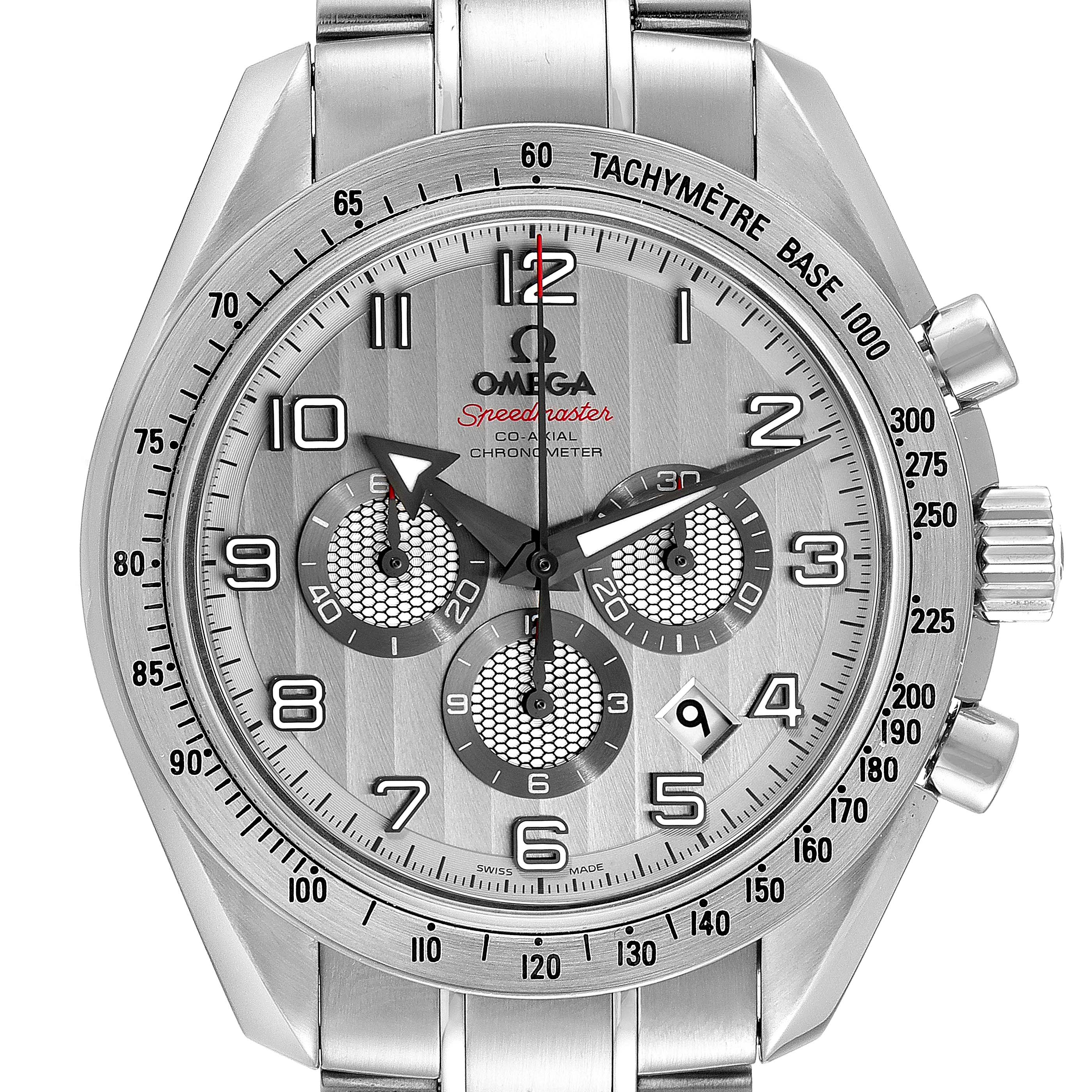 The image shows a front view of an Omega Speedmaster 321.10.44.50.02.001 Men
s Stainless Steel Silver Dial 321.10.44.50.02.001 Men
s Stainless Steel Silver Dial watch, highlighting the dial, tachymeter bezel, and subdials.