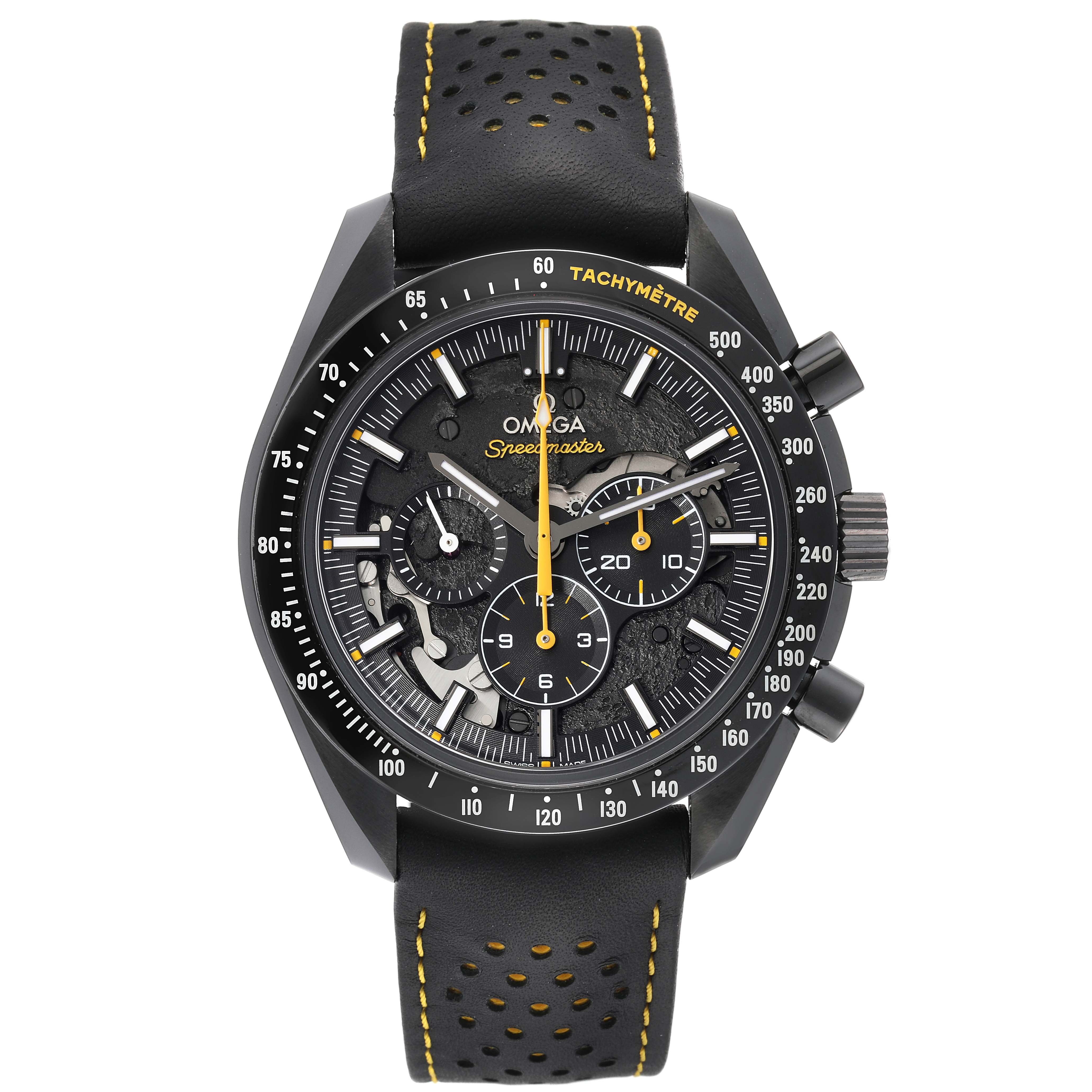 The image shows a front view of an Omega Speedmaster 311.92.44.30.01.001 Men's Ceramic Black Dial 311.92.44.30.01.001 Men's Ceramic Black Dial watch, highlighting its dial, tachymeter bezel, and leather strap.
