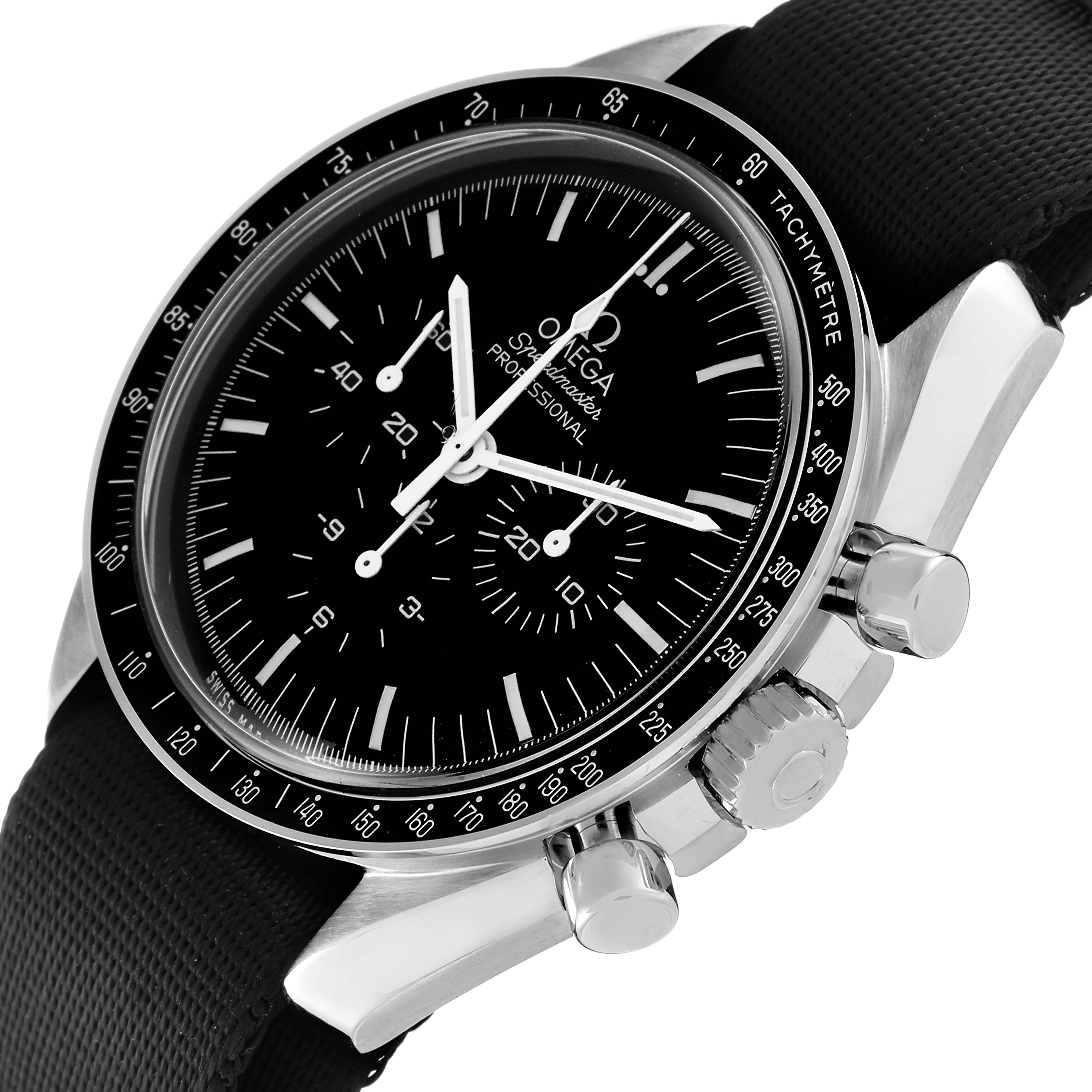 The Omega Speedmaster 311.30.42.30.01.005 Men
s Stainless Steel Black Dial 311.30.42.30.01.005 Men
s Stainless Steel Black Dial watch is shown at an angle displaying its face, crown, pushers, and tachymeter bezel.