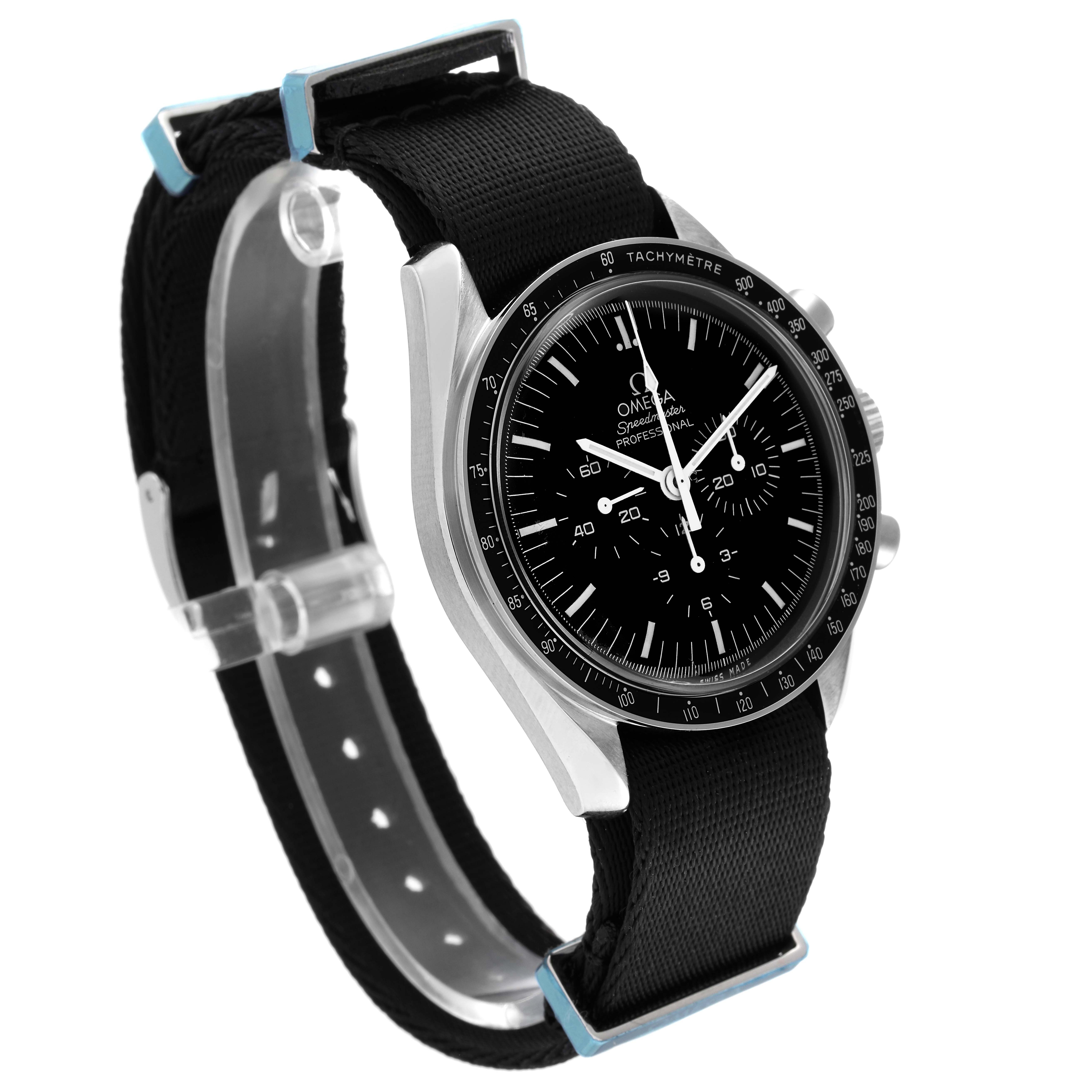 The image shows an Omega Speedmaster 311.30.42.30.01.005 Men
s Stainless Steel Black Dial 311.30.42.30.01.005 Men
s Stainless Steel Black Dial watch at a three-quarter angle, highlighting its face, bezel, and black strap.