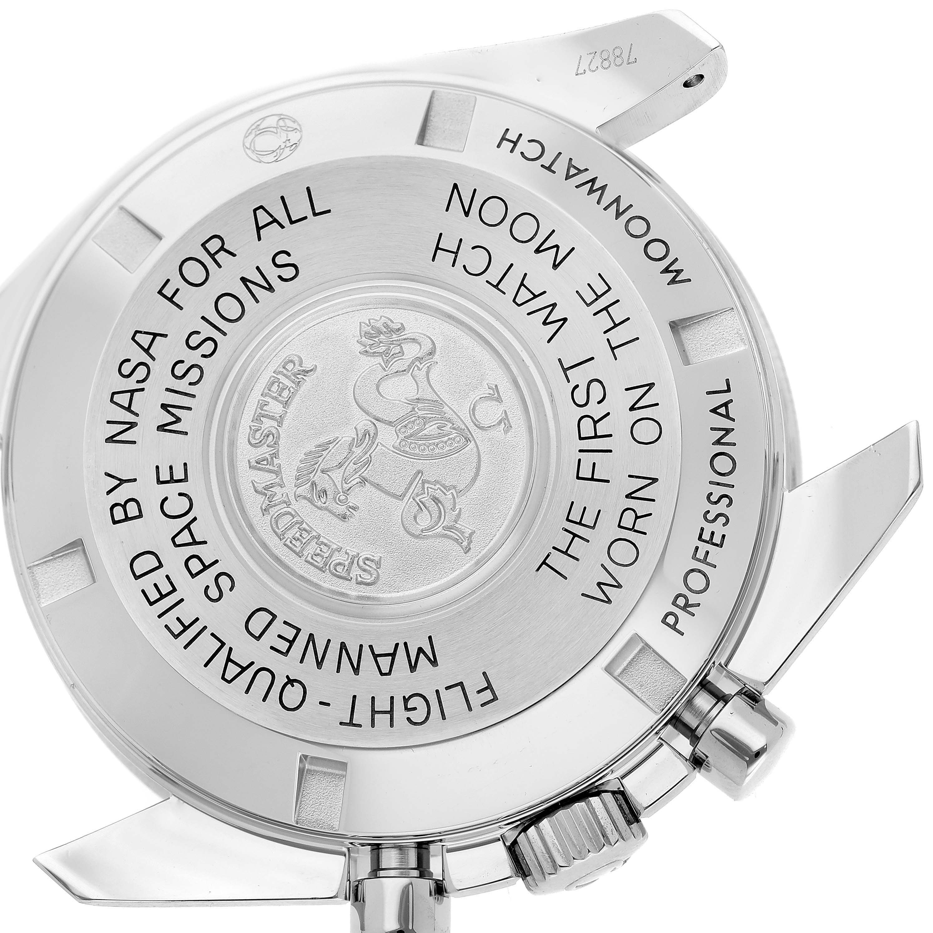 The image shows the back case of the Omega Speedmaster 311.30.42.30.01.005 Men
s Stainless Steel Black Dial 311.30.42.30.01.005 Men
s Stainless Steel Black Dial watch, highlighting engravings and the crown and pushers.