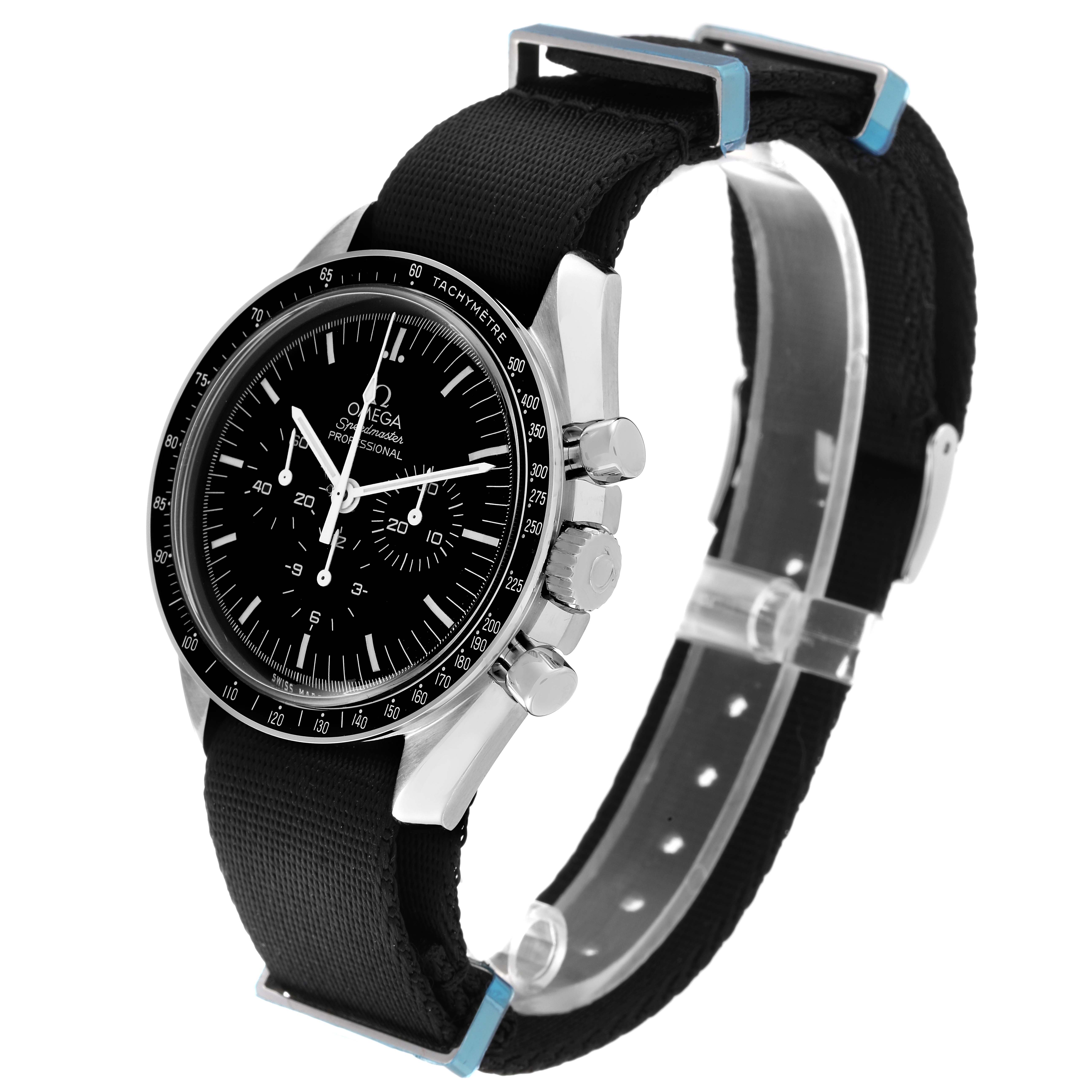 The image shows an Omega Speedmaster 311.30.42.30.01.005 Men
s Stainless Steel Black Dial 311.30.42.30.01.005 Men
s Stainless Steel Black Dial watch at a three-quarter angle, highlighting the face, bezel, pushers, and strap.